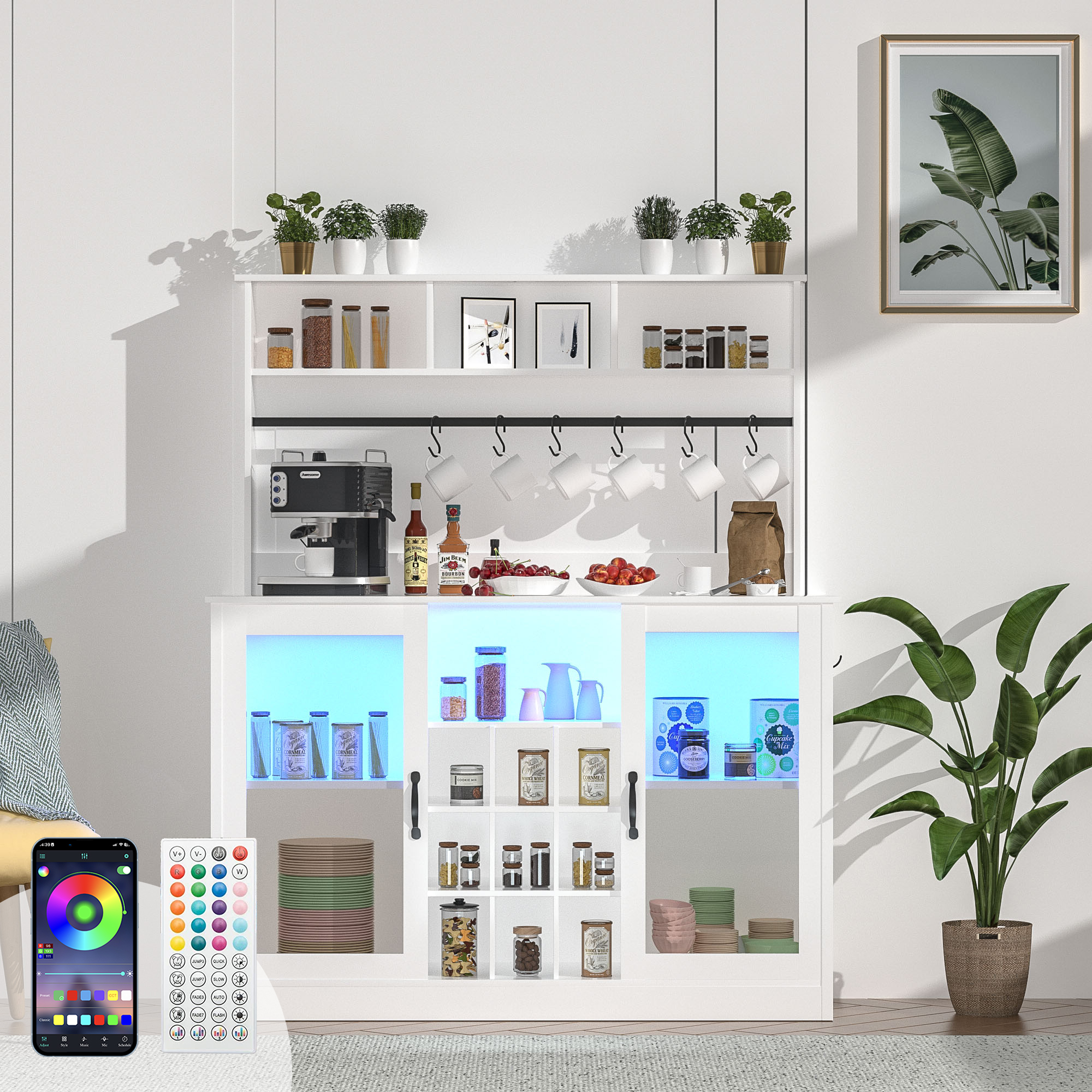 Chvans Farmhouse Coffee Bar Cabinet, 58" Tall Bar Cabinet with LED Lights & Power Outlet, Sideboard Buffet Cabinet with Storage Barn Door, Adjustable Shelf, 9 Wine Racks, 6 Hooks