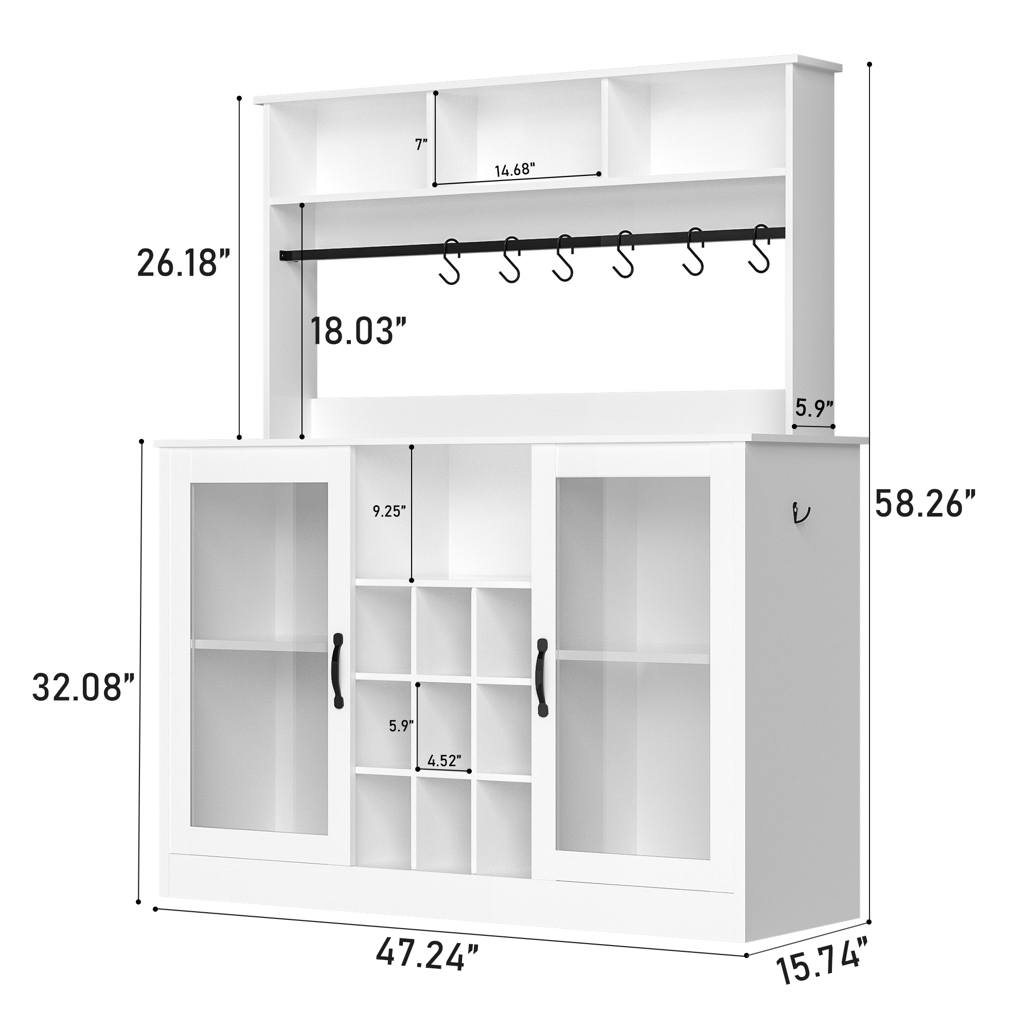 Chvans Farmhouse Coffee Bar Cabinet, 58" Tall Bar Cabinet with LED Lights & Power Outlet, Sideboard Buffet Cabinet with Storage Barn Door, Adjustable Shelf, 9 Wine Racks, 6 Hooks