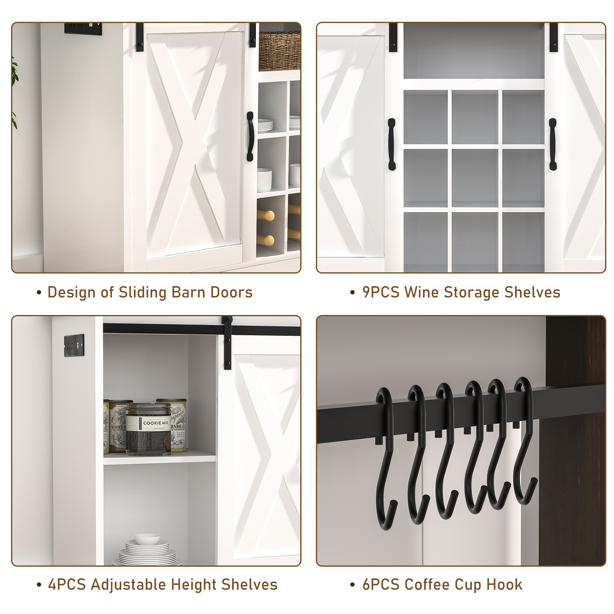 Chvans Farmhouse Coffee Bar Cabinet, 58" Tall Bar Cabinet with LED Lights & Power Outlet, Sideboard Buffet Cabinet with Storage Barn Door, Adjustable Shelf, 9 Wine Racks, 6 Hooks
