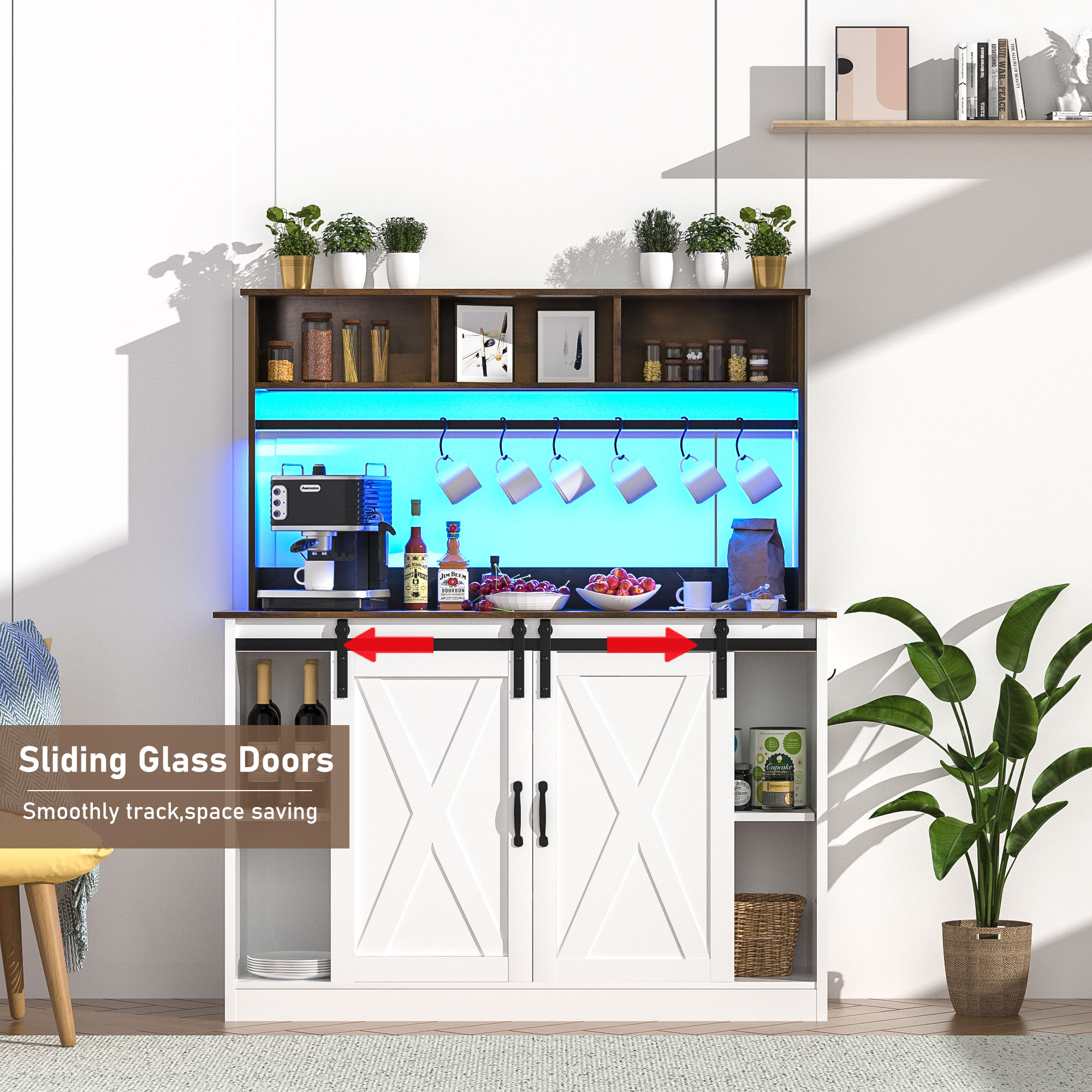 Chvans Farmhouse Coffee Bar Cabinet, 58" Tall Bar Cabinet with LED Lights & Power Outlet, Sideboard Buffet Cabinet with Storage Barn Door, Adjustable Shelf, 9 Wine Racks, 6 Hooks