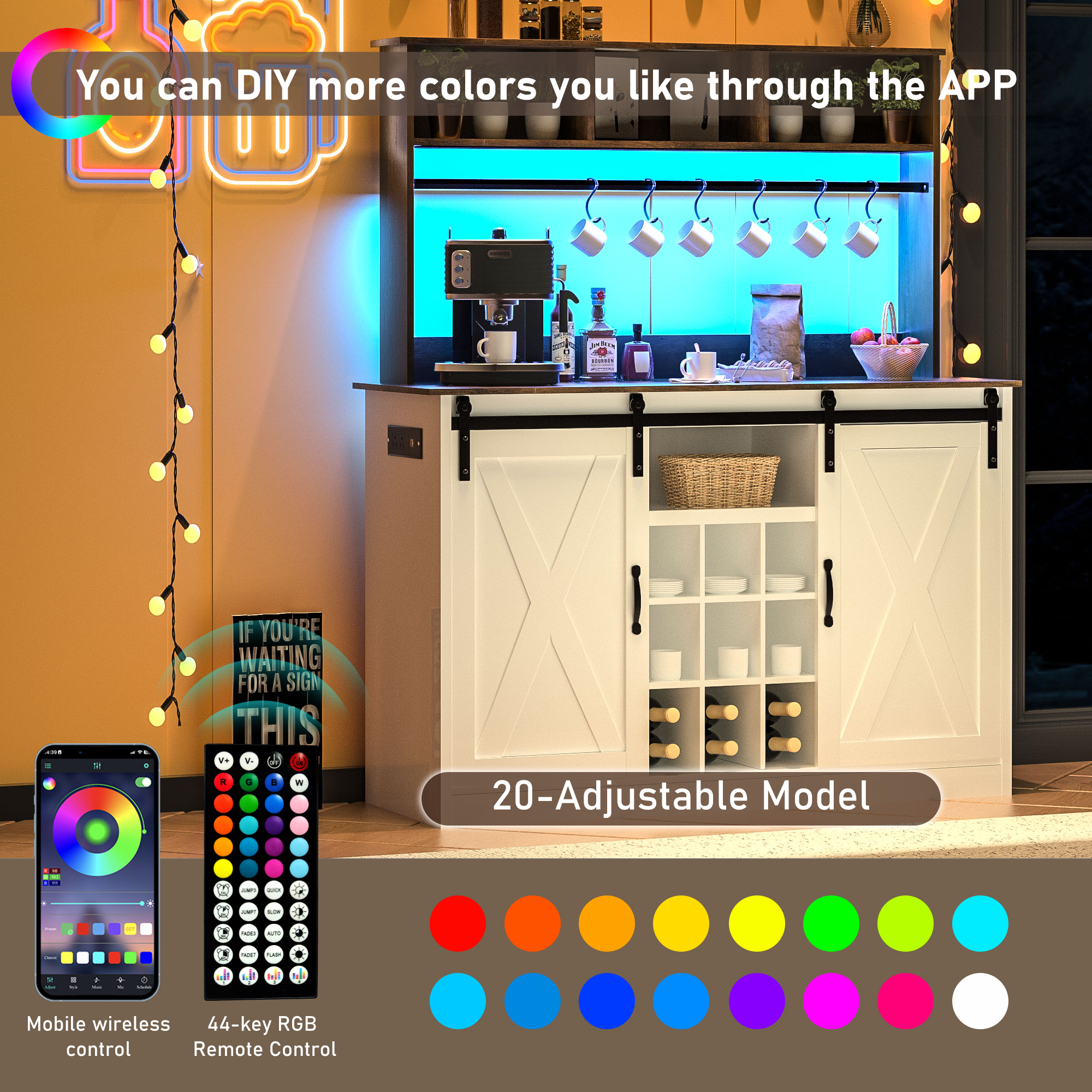 Chvans Farmhouse Coffee Bar Cabinet, 58" Tall Bar Cabinet with LED Lights & Power Outlet, Sideboard Buffet Cabinet with Storage Barn Door, Adjustable Shelf, 9 Wine Racks, 6 Hooks