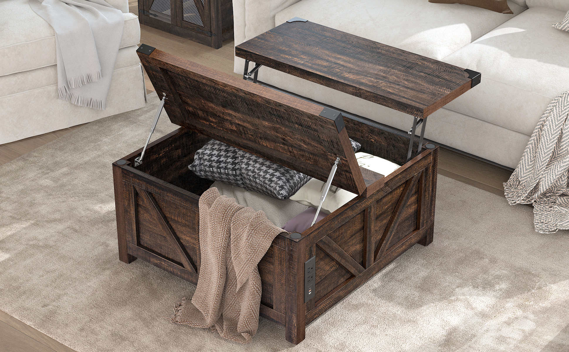 ChVans 35.6" Square Lift Top Coffee Table, Farmhouse Coffee Table with Storage & Charging Ports, Wood Center Table w/Large Hidden Space for Living Room Home Office, Brown