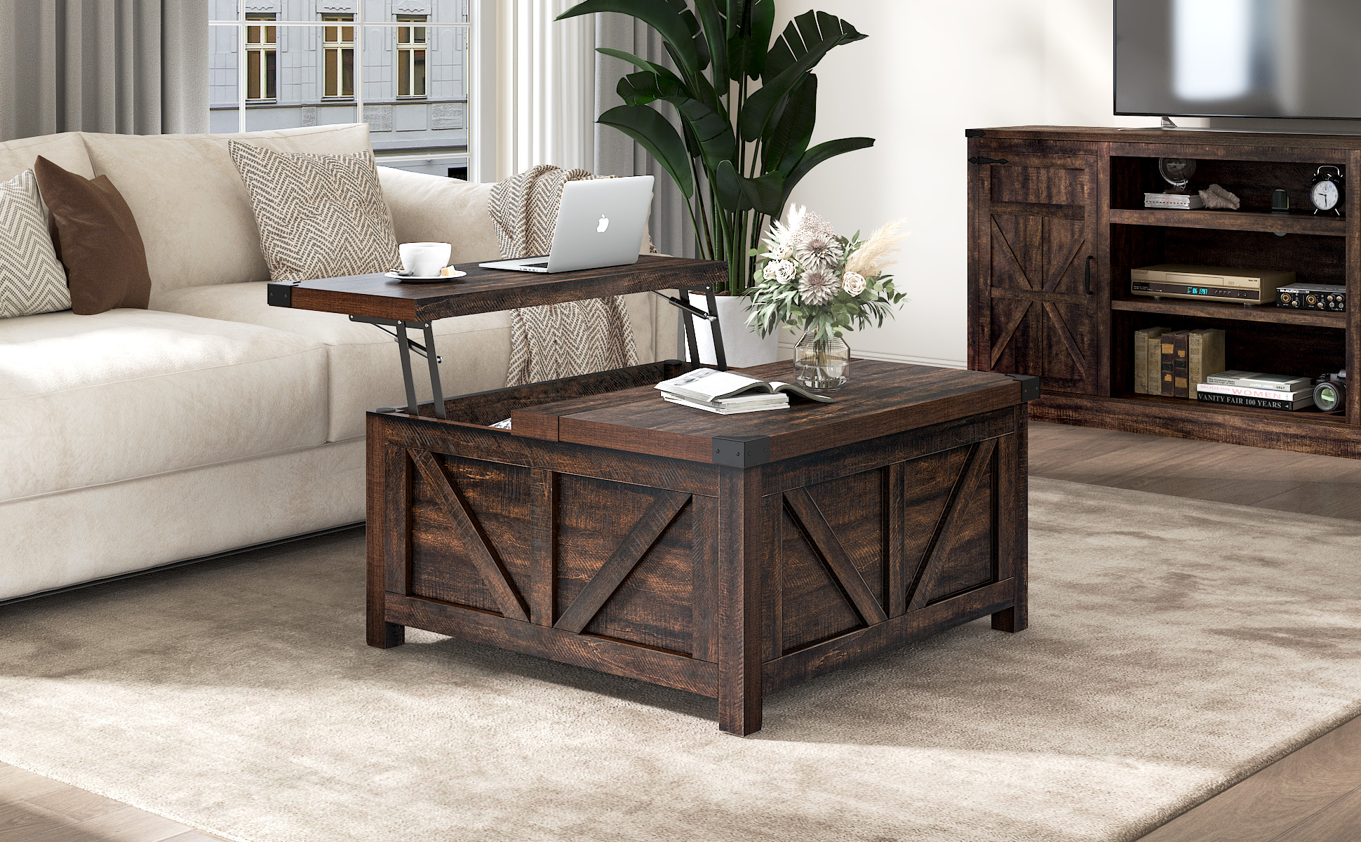ChVans 35.6" Square Lift Top Coffee Table, Farmhouse Coffee Table with Storage & Charging Ports, Wood Center Table w/Large Hidden Space for Living Room Home Office, Brown