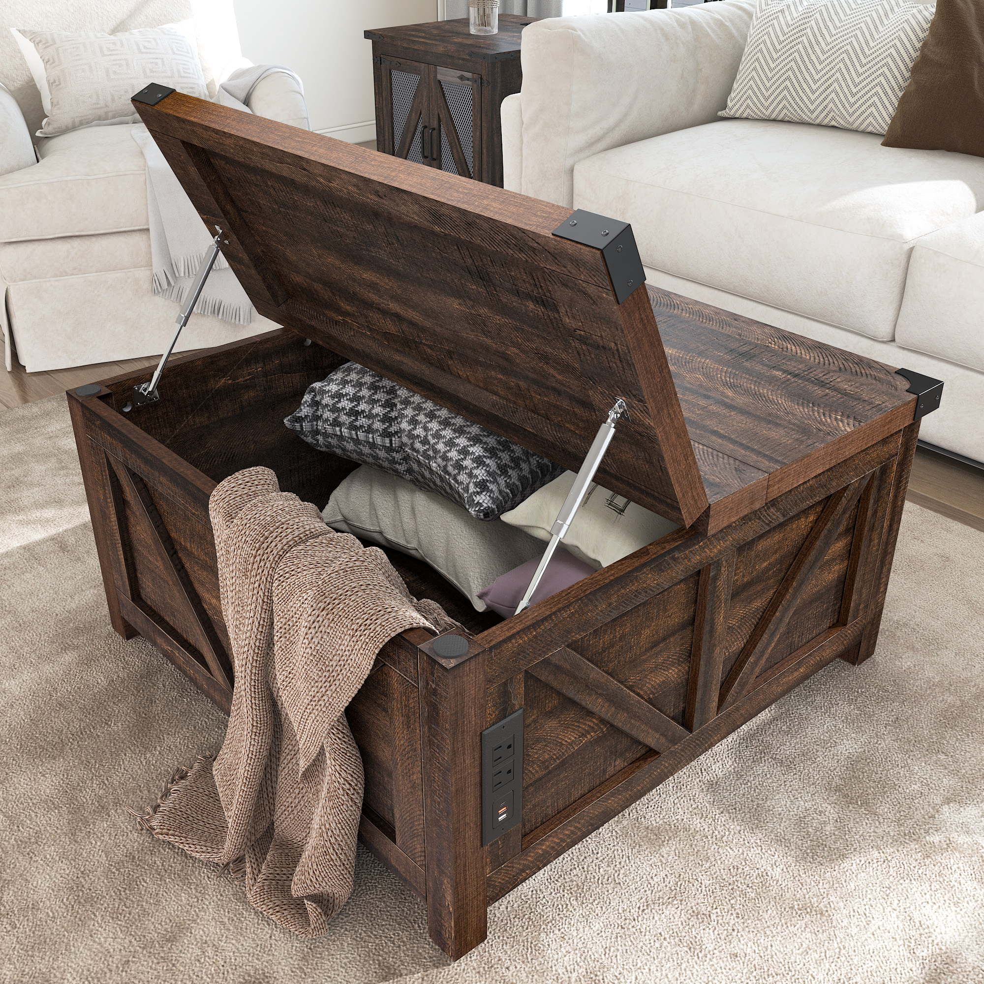 ChVans 35.6" Square Lift Top Coffee Table, Farmhouse Coffee Table with Storage & Charging Ports, Wood Center Table w/Large Hidden Space for Living Room Home Office, Brown