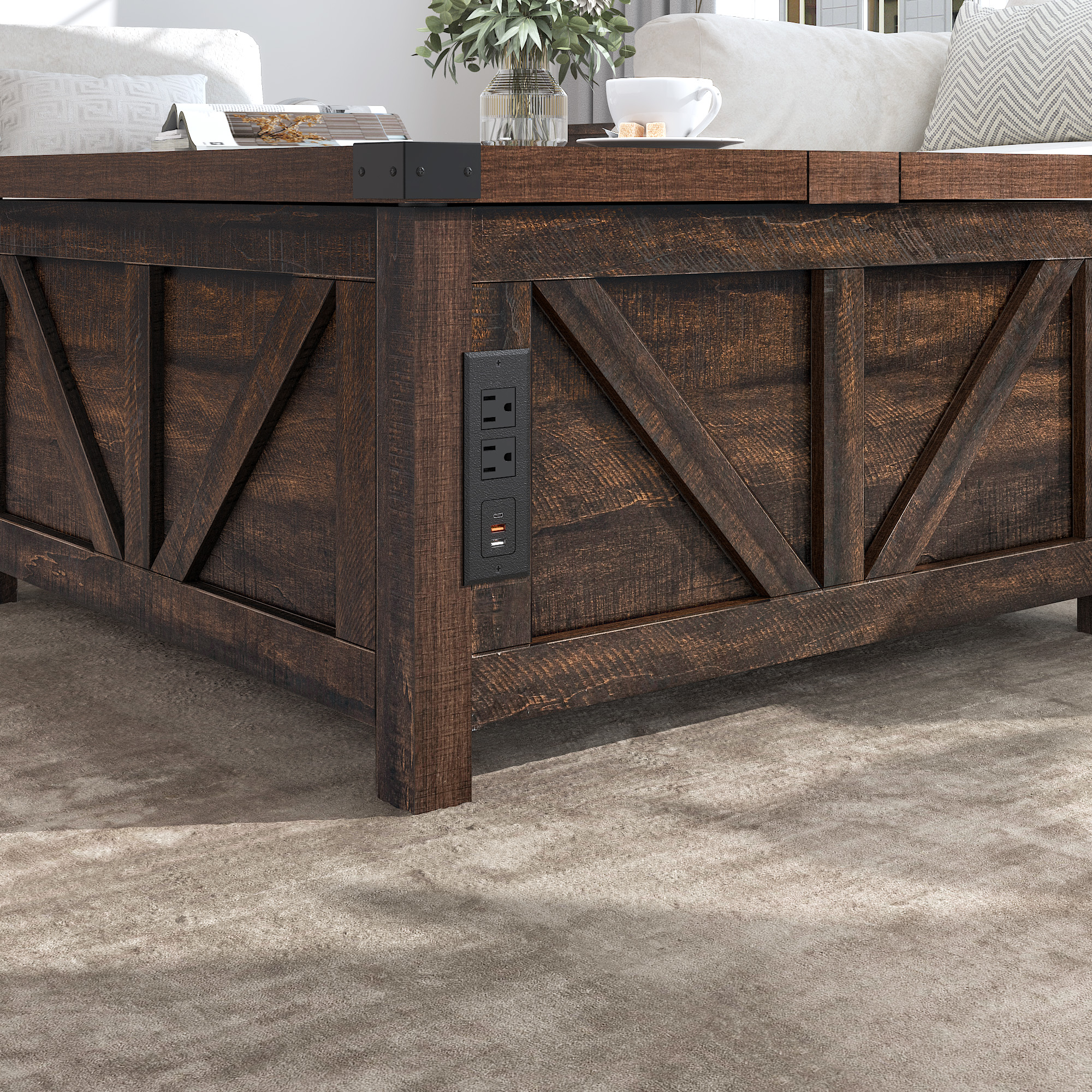 ChVans 35.6" Square Lift Top Coffee Table, Farmhouse Coffee Table with Storage & Charging Ports, Wood Center Table w/Large Hidden Space for Living Room Home Office, Brown