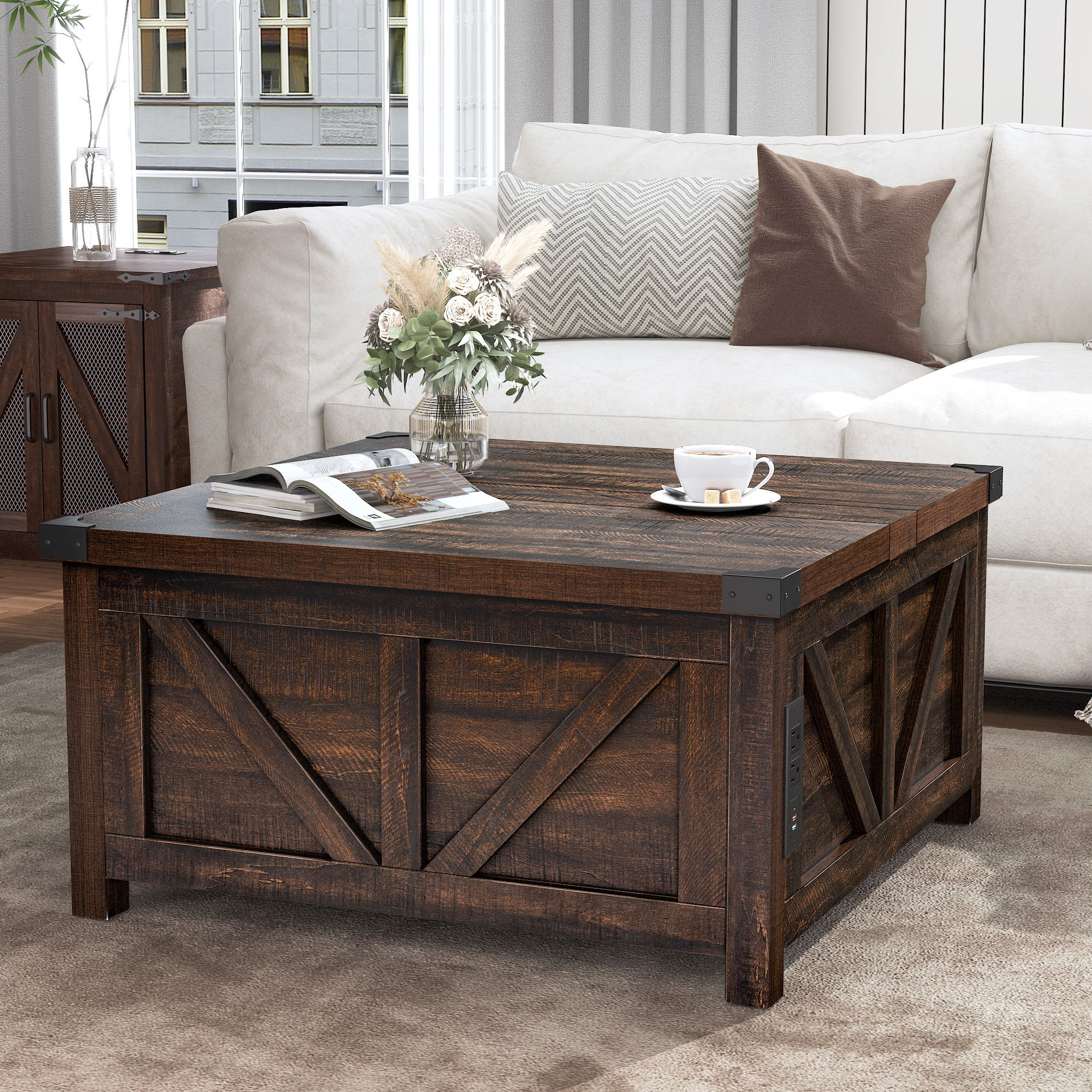 ChVans 35.6" Square Lift Top Coffee Table, Farmhouse Coffee Table with Storage & Charging Ports, Wood Center Table w/Large Hidden Space for Living Room Home Office, Brown