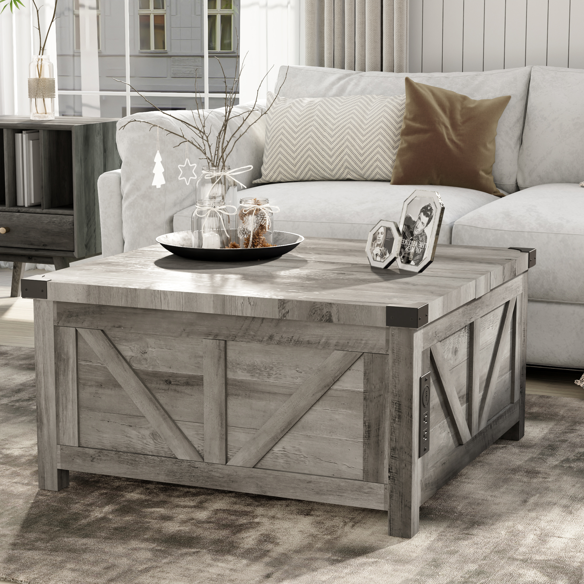 ChVans 35.6" Square Lift Top Coffee Table, Farmhouse Coffee Table with Storage & Charging Ports, Wood Center Table w/Large Hidden Space for Living Room Home Office, Brown