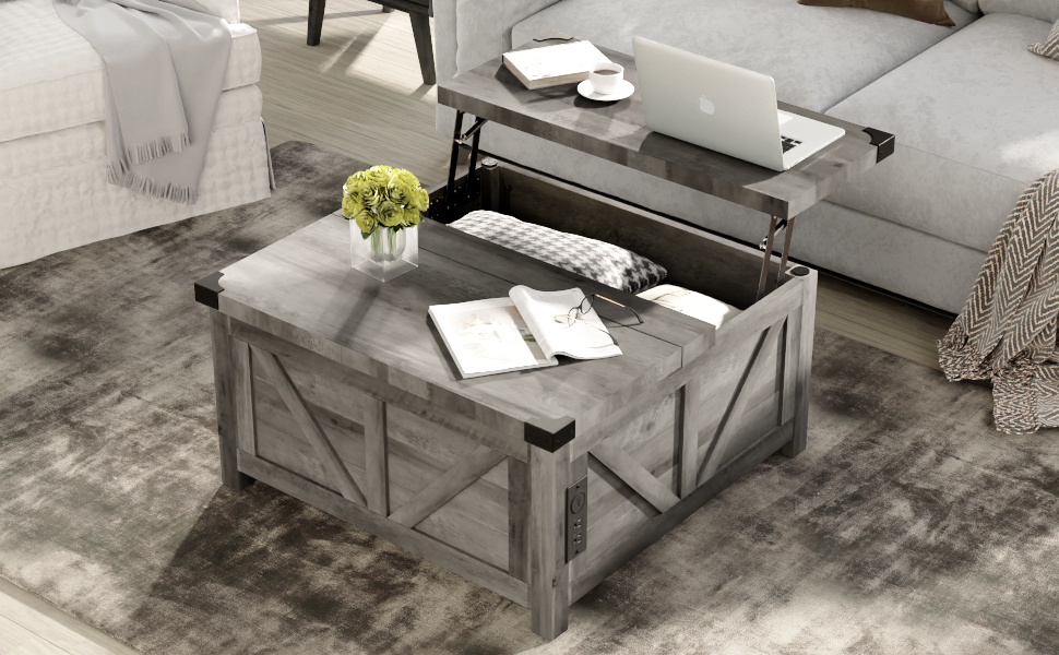 ChVans 35.6" Square Lift Top Coffee Table, Farmhouse Coffee Table with Storage & Charging Ports, Wood Center Table w/Large Hidden Space for Living Room Home Office, Brown