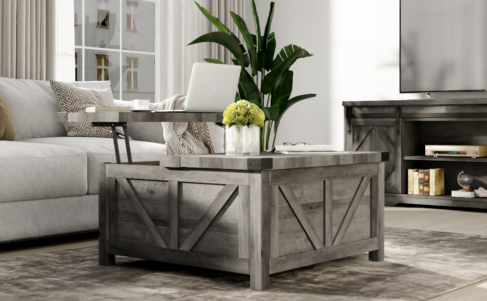 ChVans 35.6" Square Lift Top Coffee Table, Farmhouse Coffee Table with Storage & Charging Ports, Wood Center Table w/Large Hidden Space for Living Room Home Office, Brown