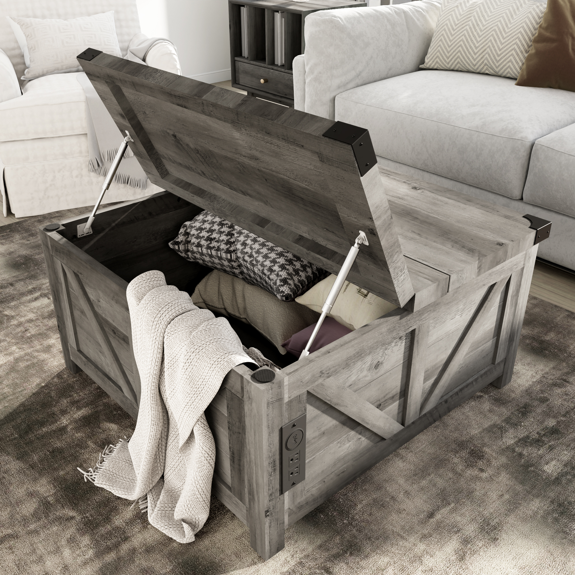 ChVans 35.6" Square Lift Top Coffee Table, Farmhouse Coffee Table with Storage & Charging Ports, Wood Center Table w/Large Hidden Space for Living Room Home Office, Brown