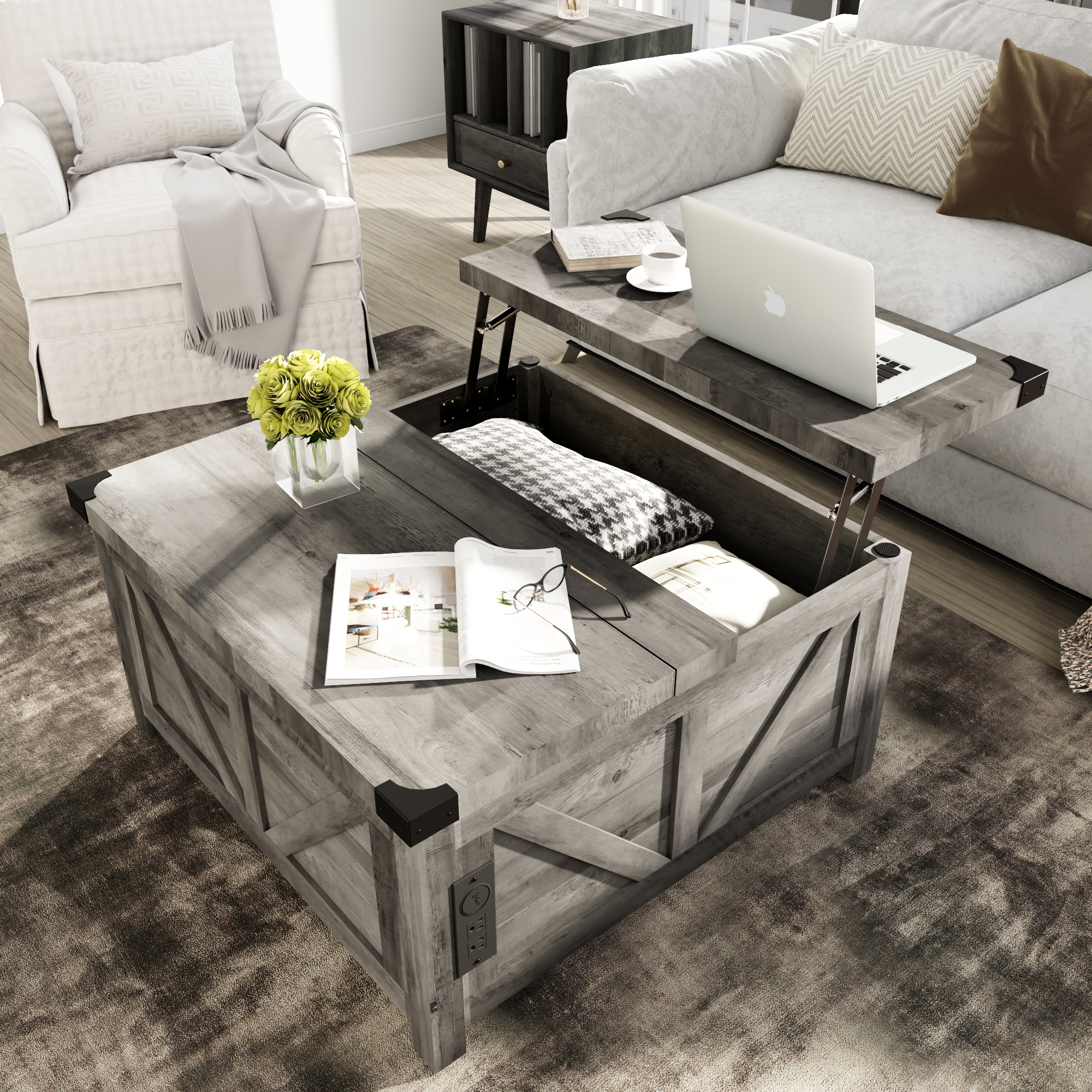 ChVans 35.6" Square Lift Top Coffee Table, Farmhouse Coffee Table with Storage & Charging Ports, Wood Center Table w/Large Hidden Space for Living Room Home Office, Brown