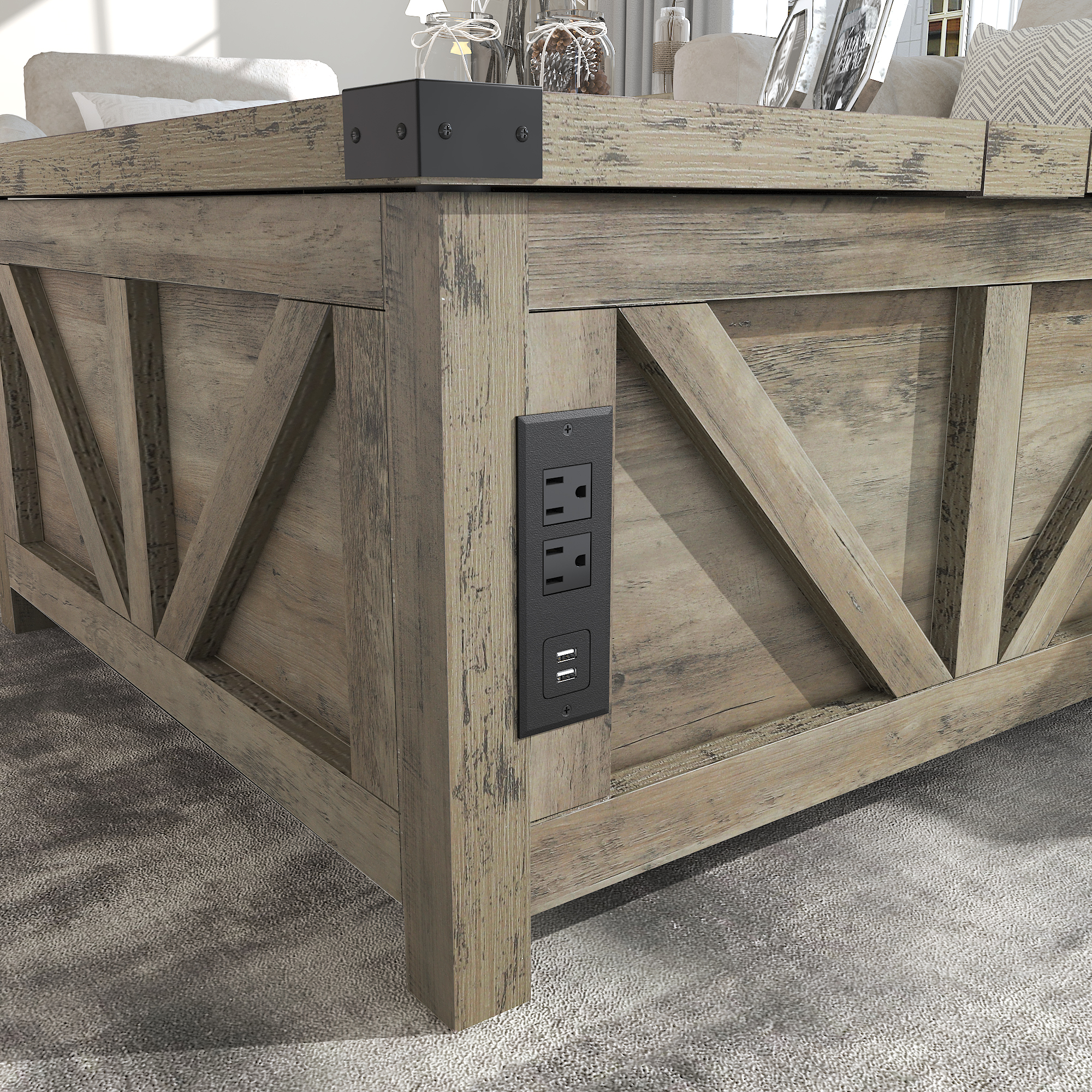 ChVans 35.6" Square Lift Top Coffee Table, Farmhouse Coffee Table with Storage & Charging Ports, Wood Center Table w/Large Hidden Space for Living Room Home Office, Brown