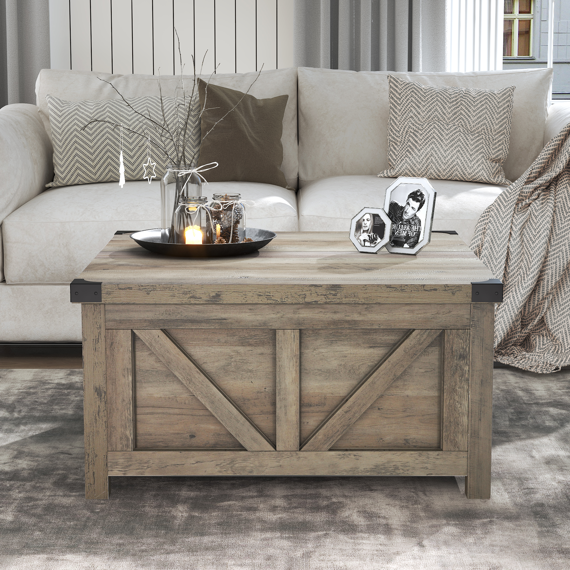 ChVans 35.6" Square Lift Top Coffee Table, Farmhouse Coffee Table with Storage & Charging Ports, Wood Center Table w/Large Hidden Space for Living Room Home Office, Brown