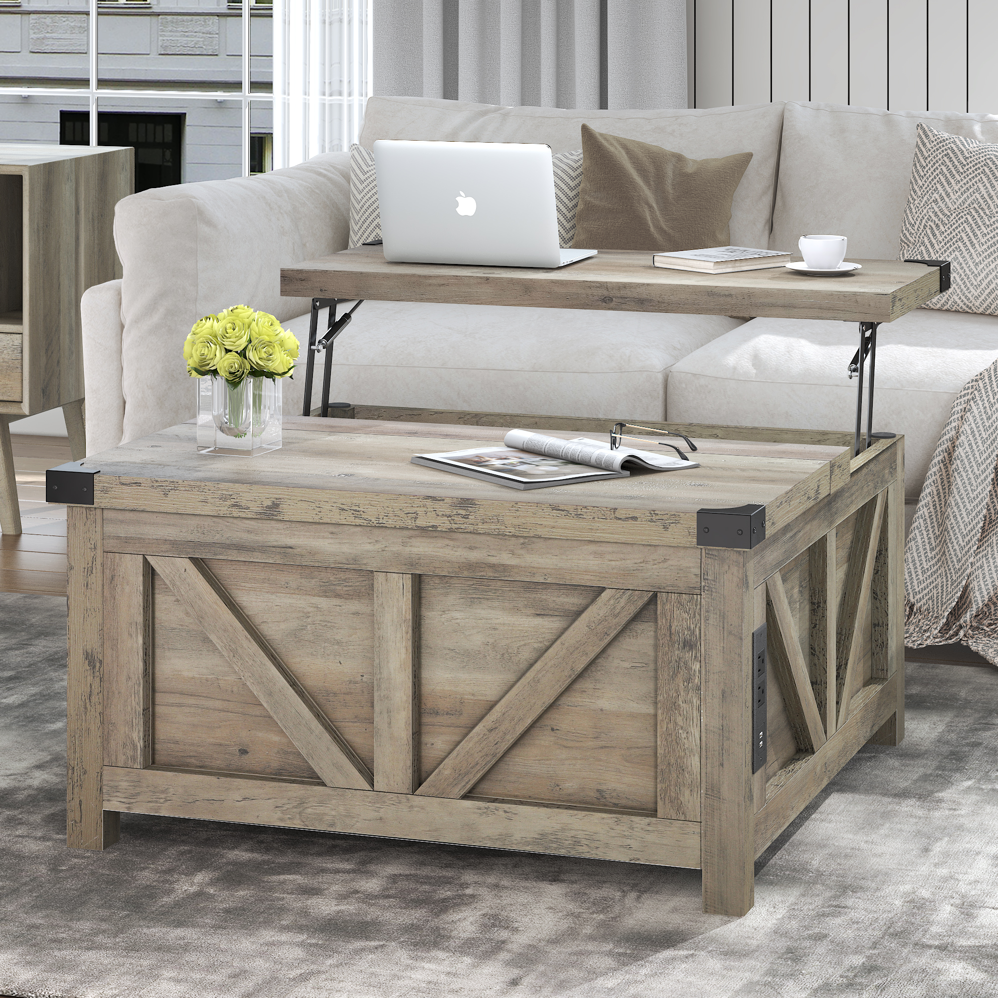 ChVans 35.6" Square Lift Top Coffee Table, Farmhouse Coffee Table with Storage & Charging Ports, Wood Center Table w/Large Hidden Space for Living Room Home Office, Brown