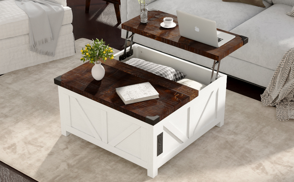 ChVans 35.6" Square Lift Top Coffee Table, Farmhouse Coffee Table with Storage & Charging Ports, Wood Center Table w/Large Hidden Space for Living Room Home Office, Brown