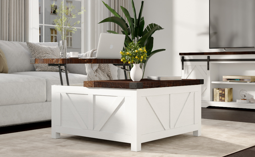 ChVans 35.6" Square Lift Top Coffee Table, Farmhouse Coffee Table with Storage & Charging Ports, Wood Center Table w/Large Hidden Space for Living Room Home Office, Brown