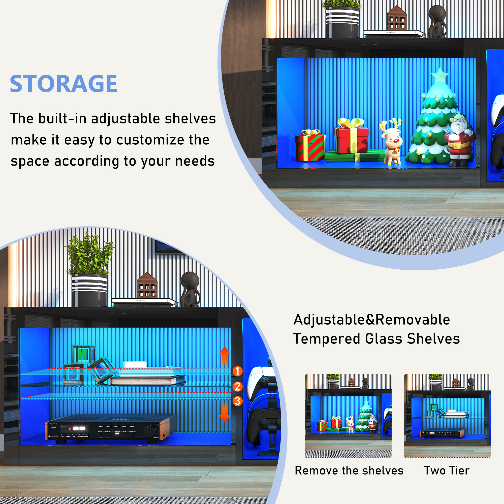 ChVans Modern LED TV Stand for TVs up to 70" with Adjustable LED Lights/Outlet, High Gloss Entertainment Center with Open Shelves Storage, Media Console TV Stands for Living Room, Game room, Bedroom