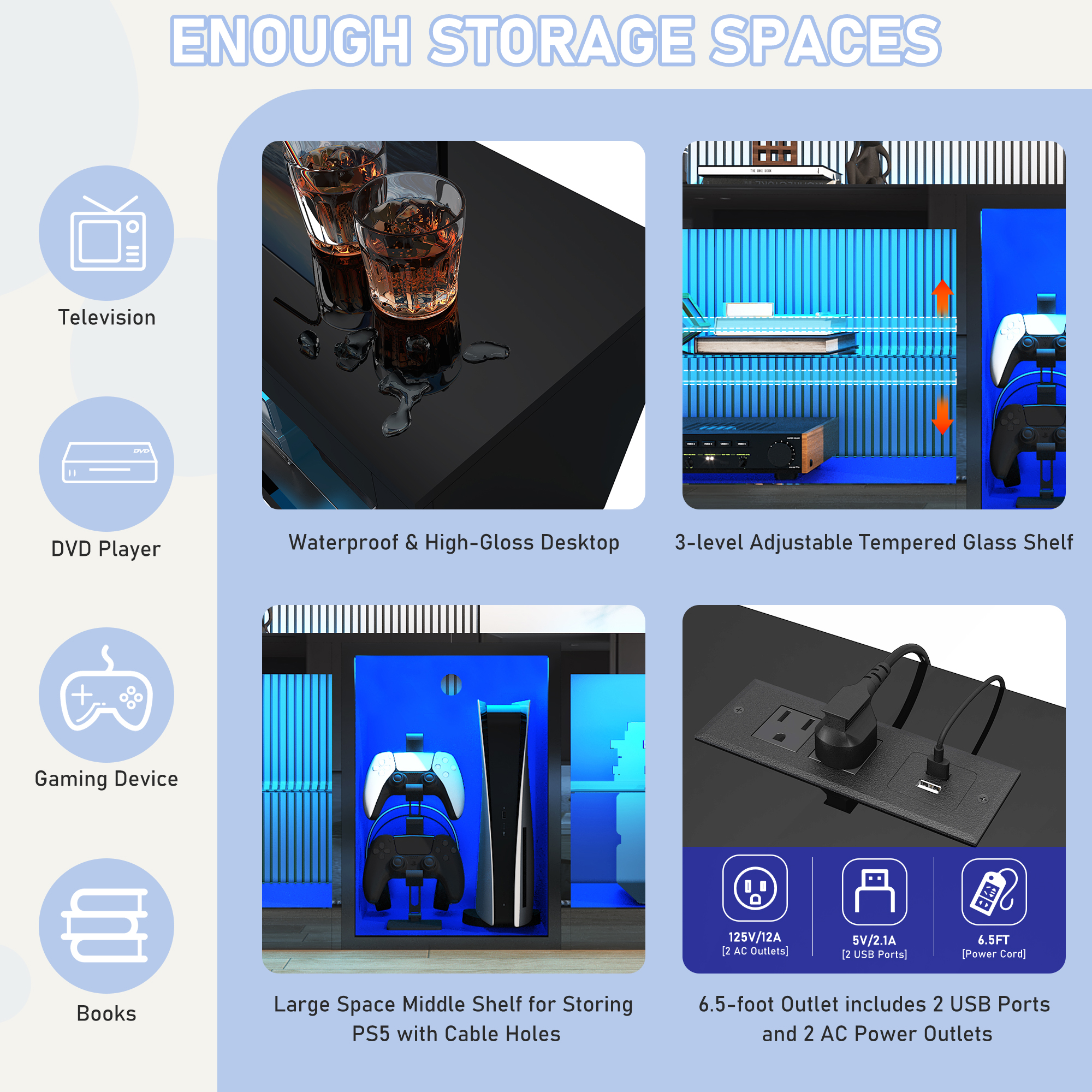 ChVans Modern LED TV Stand for TVs up to 70" with Adjustable LED Lights/Outlet, High Gloss Entertainment Center with Open Shelves Storage, Media Console TV Stands for Living Room, Game room, Bedroom