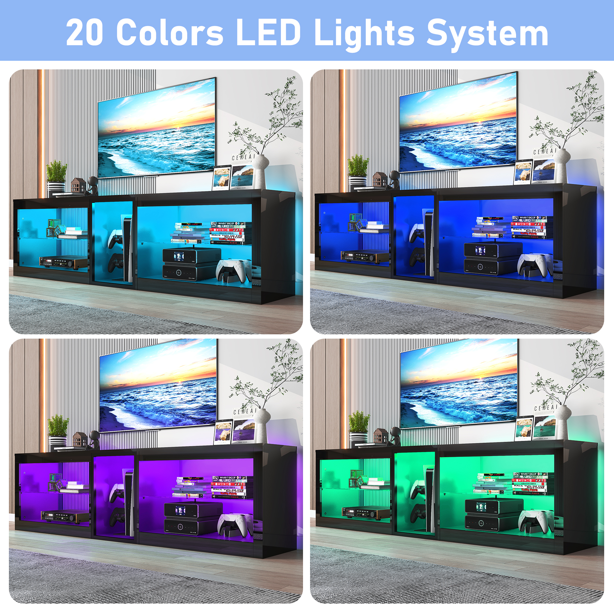 ChVans Modern LED TV Stand for TVs up to 70" with Adjustable LED Lights/Outlet, High Gloss Entertainment Center with Open Shelves Storage, Media Console TV Stands for Living Room, Game room, Bedroom