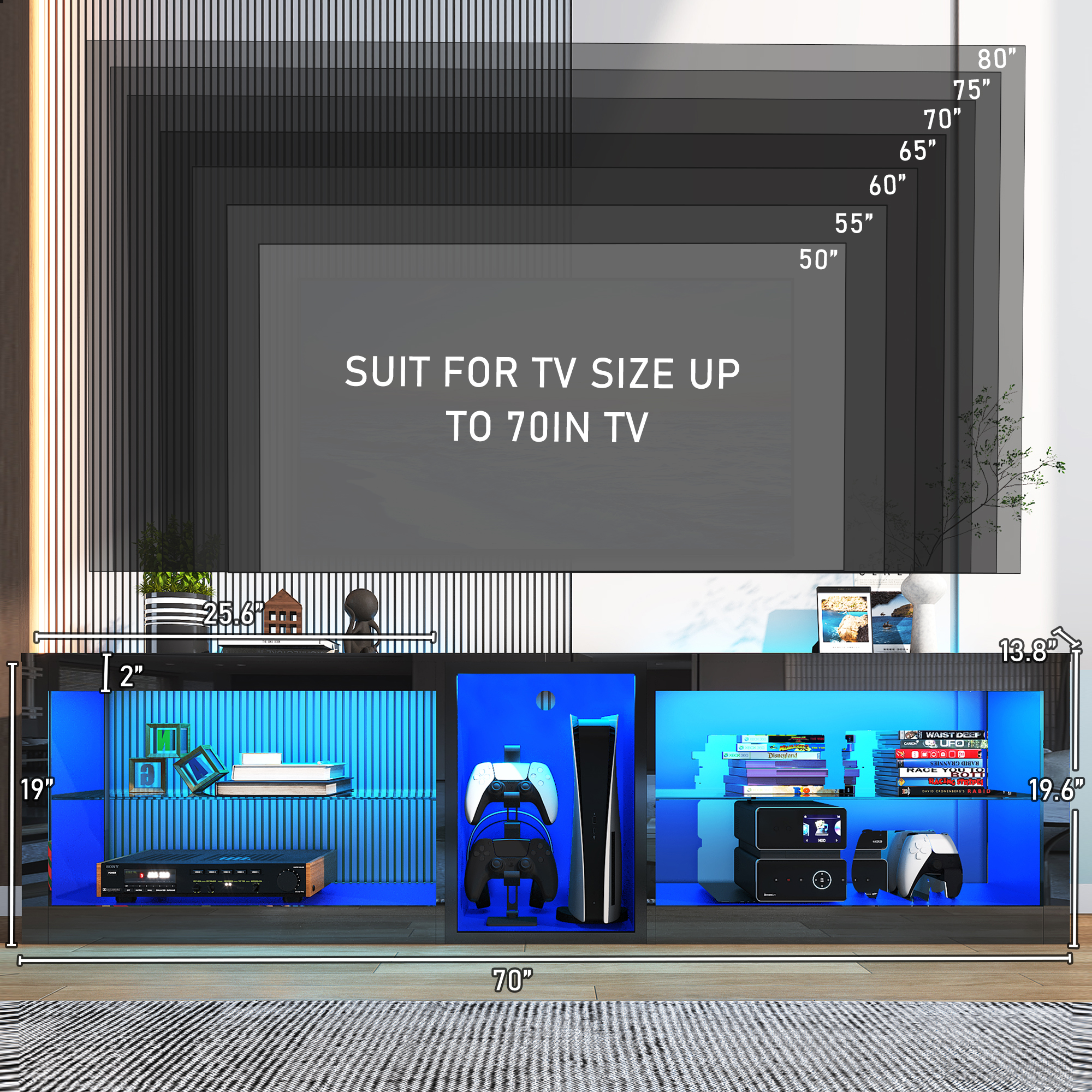 ChVans Modern LED TV Stand for TVs up to 70" with Adjustable LED Lights/Outlet, High Gloss Entertainment Center with Open Shelves Storage, Media Console TV Stands for Living Room, Game room, Bedroom