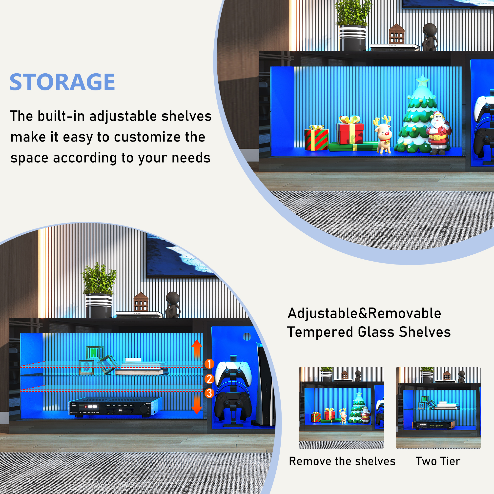 ChVans Modern LED TV Stand for TVs up to 70" with Adjustable LED Lights/Outlet, High Gloss Entertainment Center with Open Shelves Storage, Media Console TV Stands for Living Room, Game room, Bedroom