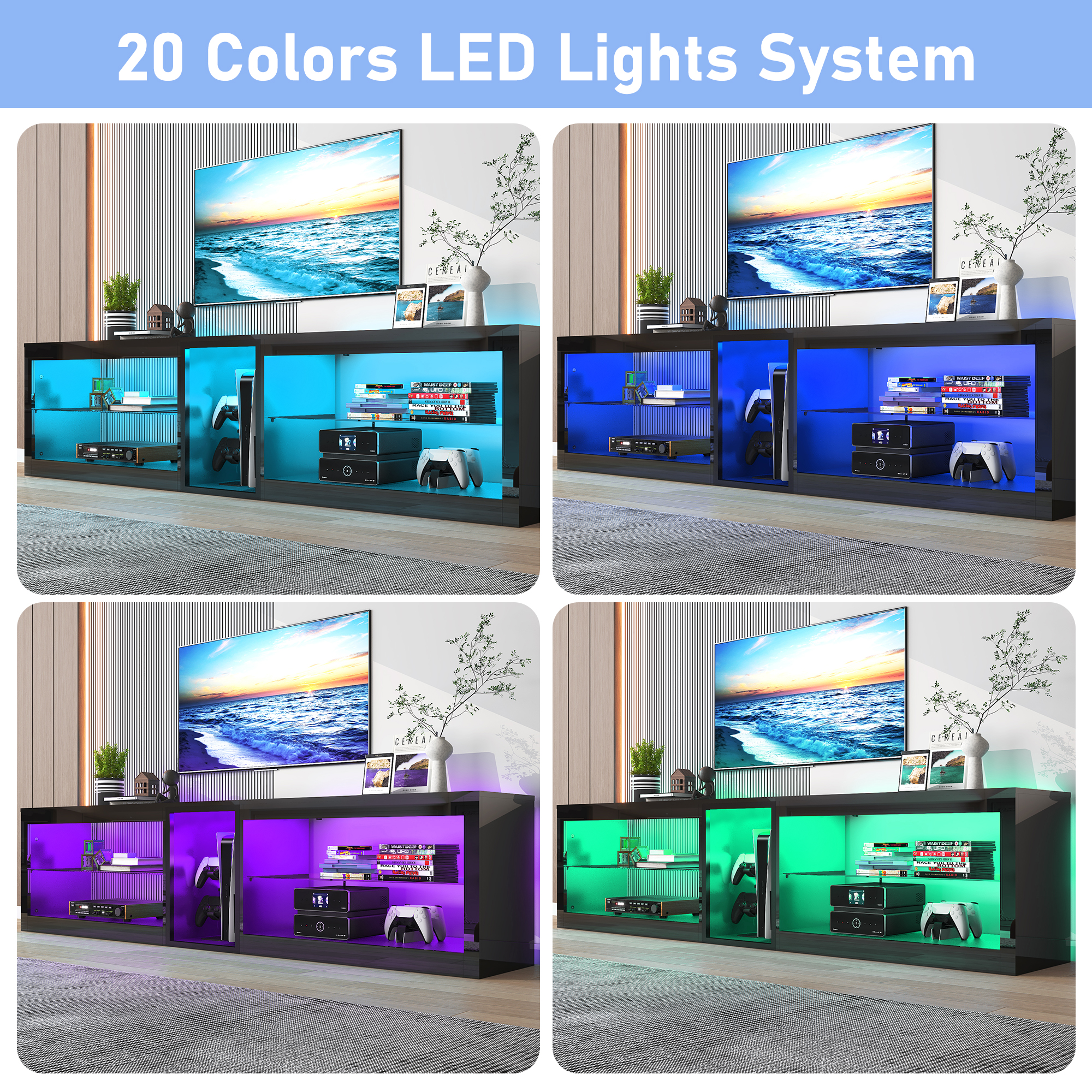 ChVans Modern LED TV Stand for TVs up to 70" with Adjustable LED Lights/Outlet, High Gloss Entertainment Center with Open Shelves Storage, Media Console TV Stands for Living Room, Game room, Bedroom