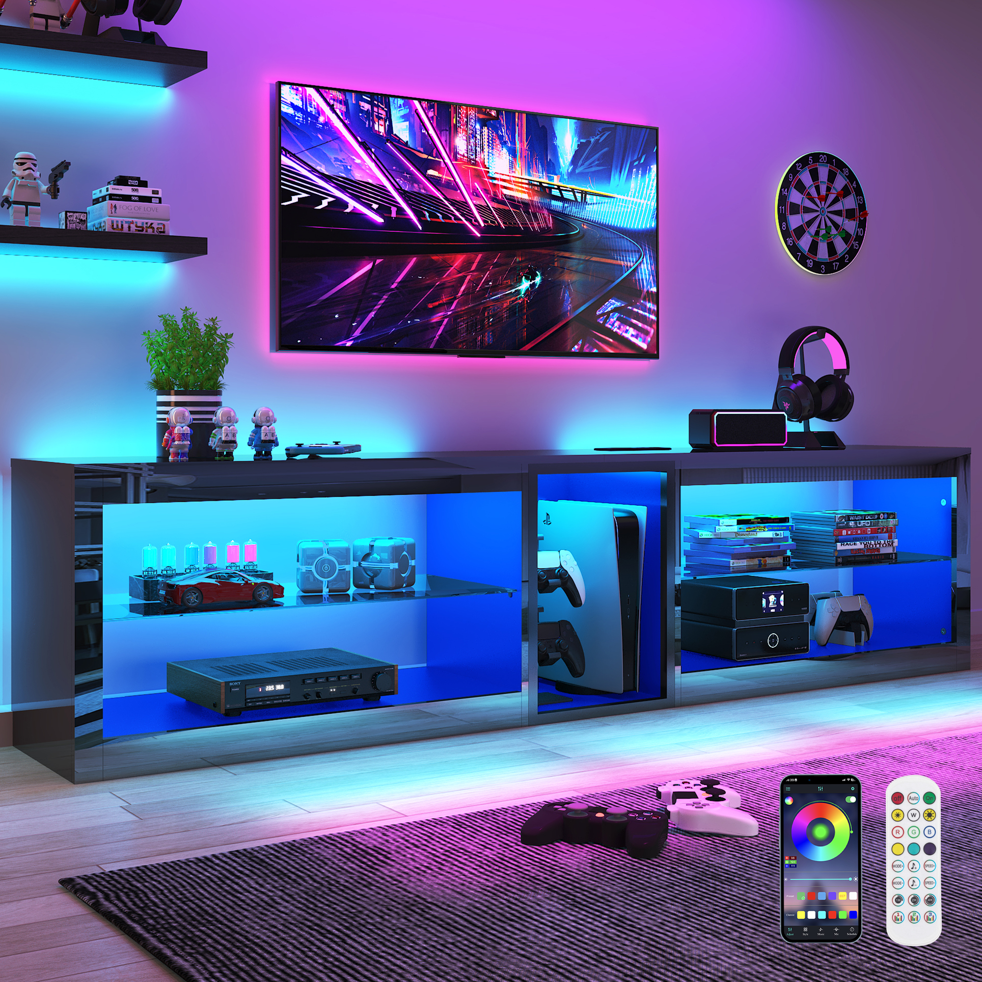 ChVans Modern LED TV Stand for TVs up to 70" with Adjustable LED Lights/Outlet, High Gloss Entertainment Center with Open Shelves Storage, Media Console TV Stands for Living Room, Game room, Bedroom