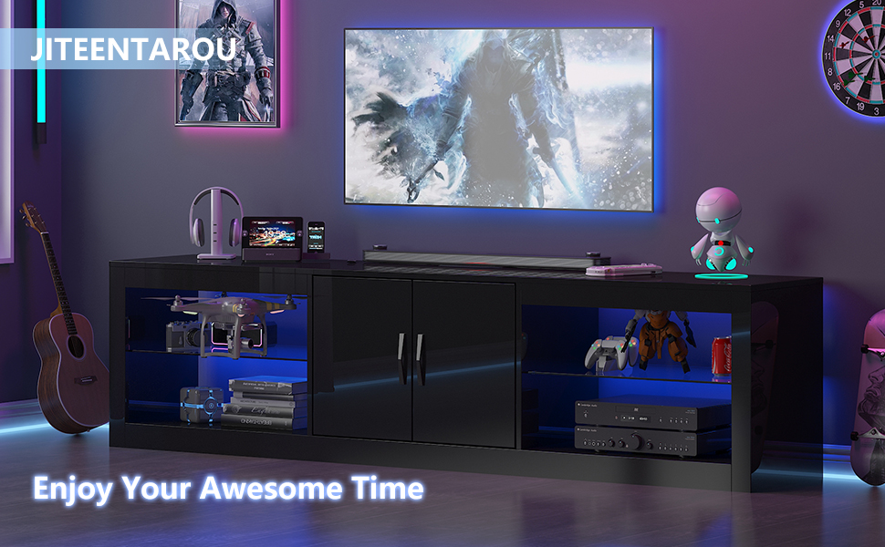 ChVans Large LED TV Stand for 75/85" TV with Power Outlets, Living Room Entertainment Center with Storage Drawers&Cabinets Furniture, Black High Gloss TV Cabinet Console Table-70.9"