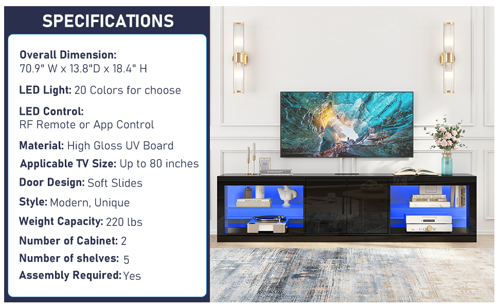 ChVans Large LED TV Stand for 75/85" TV with Power Outlets, Living Room Entertainment Center with Storage Drawers&Cabinets Furniture, Black High Gloss TV Cabinet Console Table-70.9"