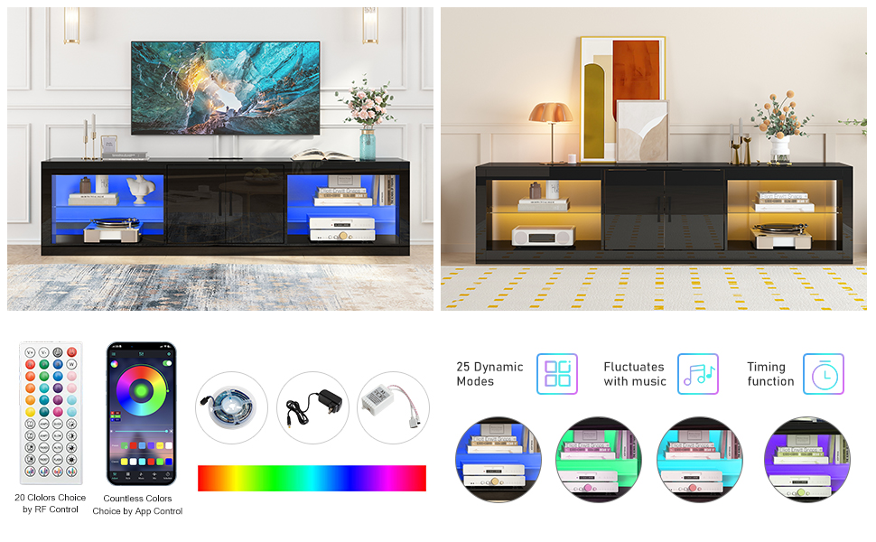 ChVans Large LED TV Stand for 75/85" TV with Power Outlets, Living Room Entertainment Center with Storage Drawers&Cabinets Furniture, Black High Gloss TV Cabinet Console Table-70.9"