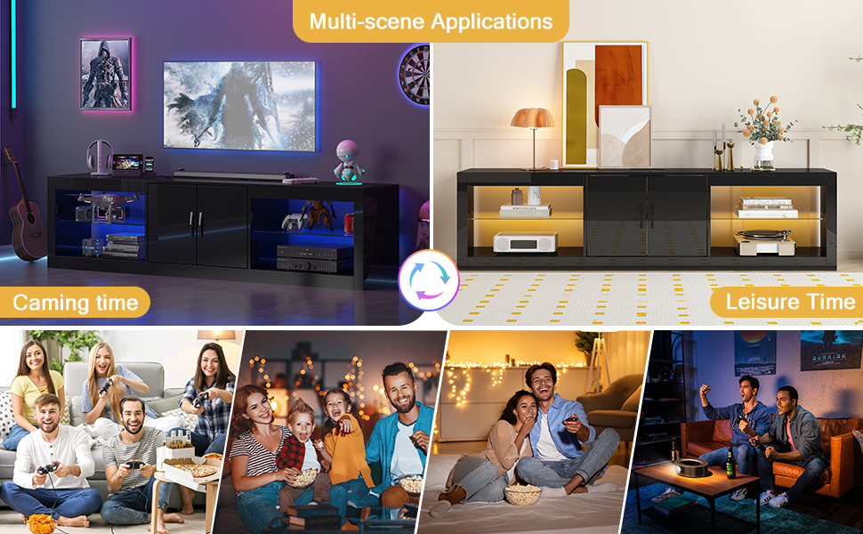 ChVans Large LED TV Stand for 75/85" TV with Power Outlets, Living Room Entertainment Center with Storage Drawers&Cabinets Furniture, Black High Gloss TV Cabinet Console Table-70.9"