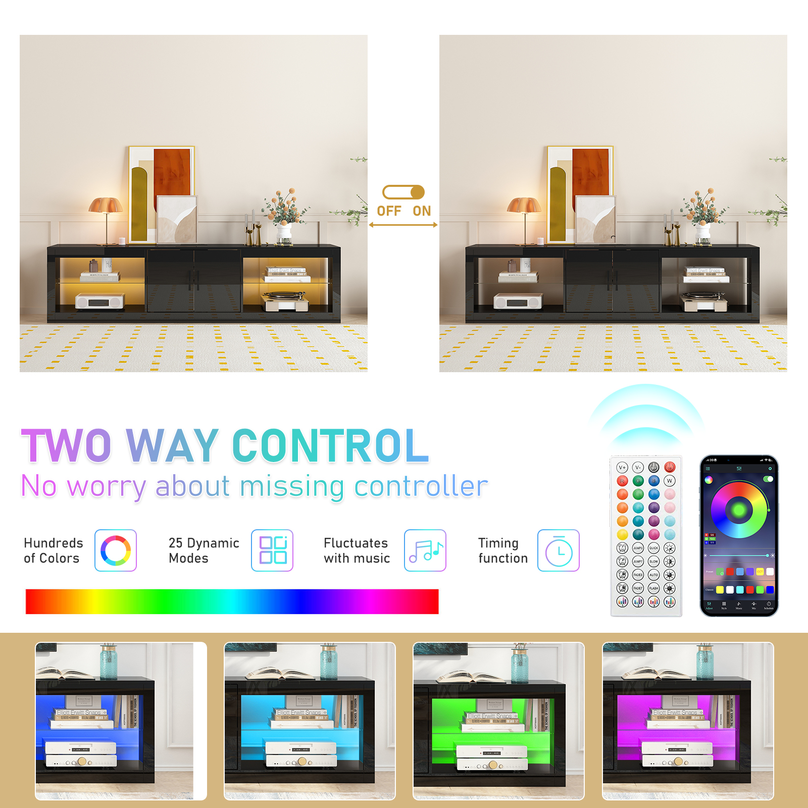 ChVans Large LED TV Stand for 75/85" TV with Power Outlets, Living Room Entertainment Center with Storage Drawers&Cabinets Furniture, Black High Gloss TV Cabinet Console Table-70.9"