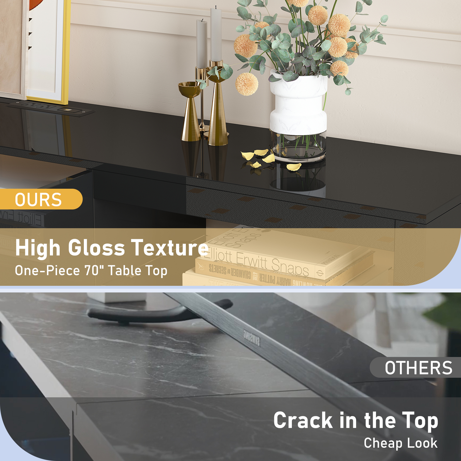 ChVans Large LED TV Stand for 75/85" TV with Power Outlets, Living Room Entertainment Center with Storage Drawers&Cabinets Furniture, Black High Gloss TV Cabinet Console Table-70.9"