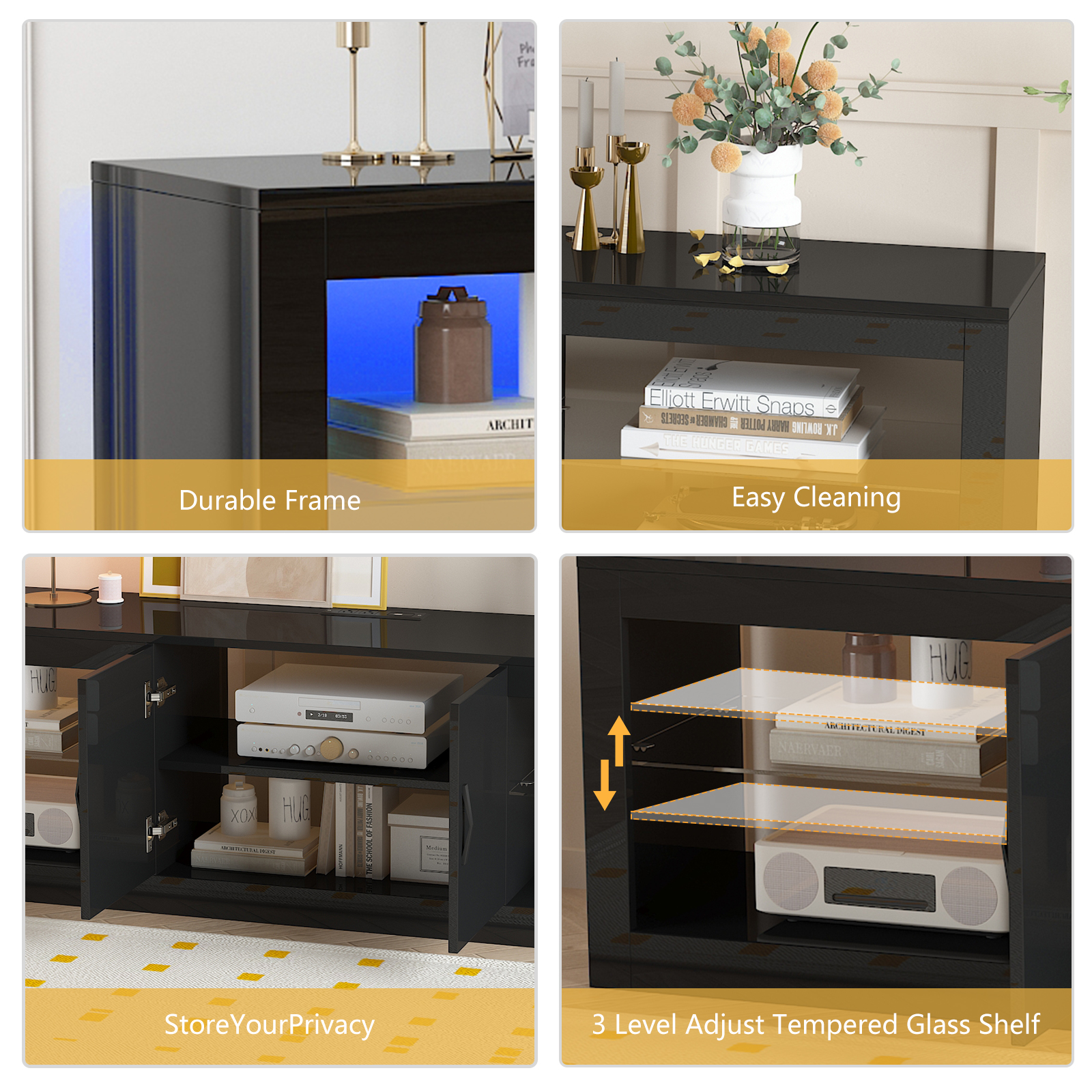 ChVans Large LED TV Stand for 75/85" TV with Power Outlets, Living Room Entertainment Center with Storage Drawers&Cabinets Furniture, Black High Gloss TV Cabinet Console Table-70.9"