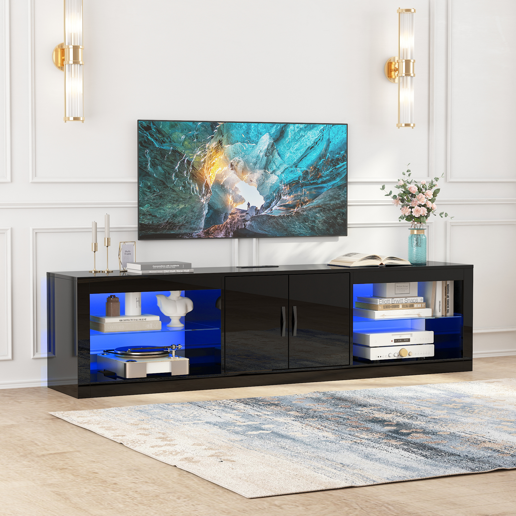 ChVans Large LED TV Stand for 75/85" TV with Power Outlets, Living Room Entertainment Center with Storage Drawers&Cabinets Furniture, Black High Gloss TV Cabinet Console Table-70.9"
