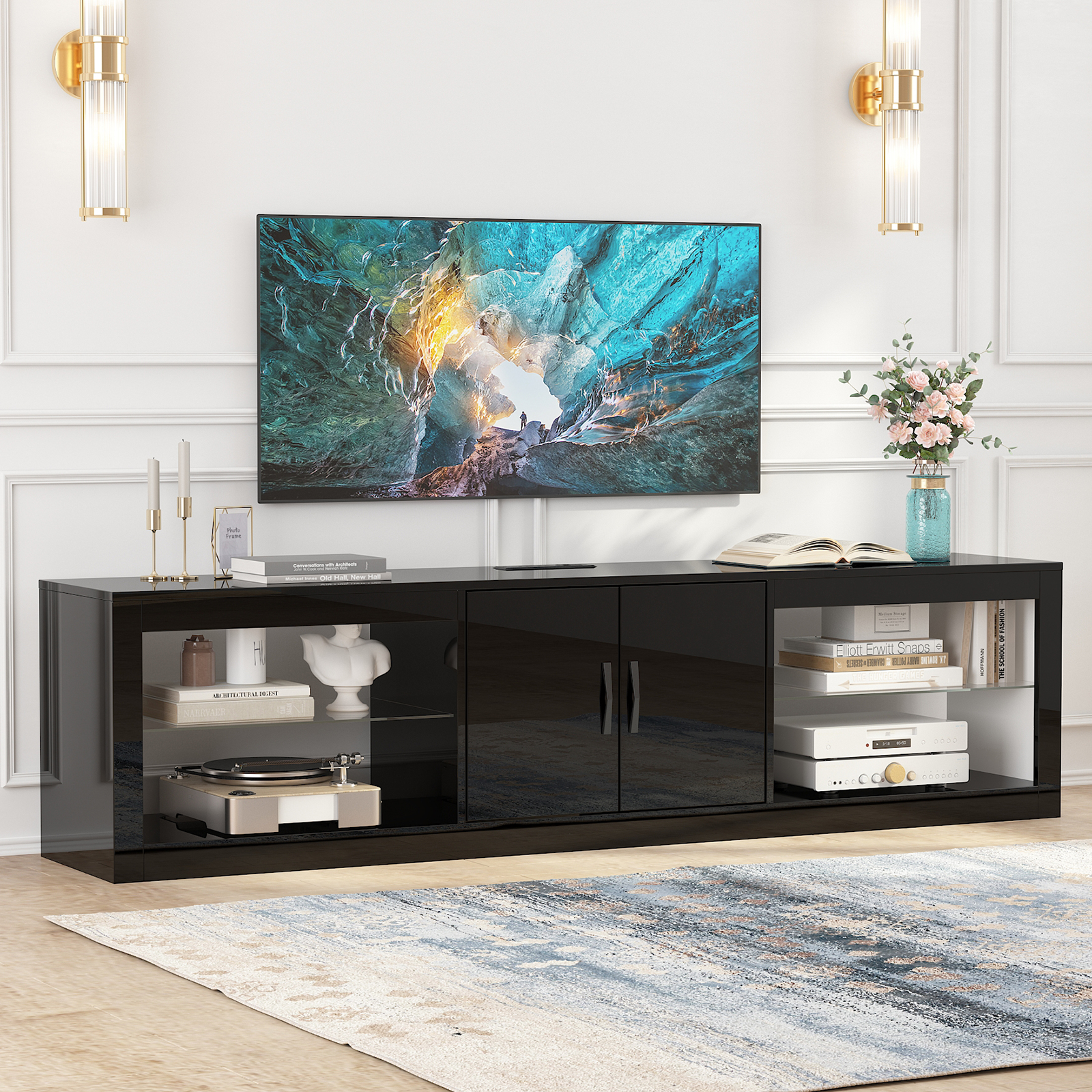 ChVans Large LED TV Stand for 75/85" TV with Power Outlets, Living Room Entertainment Center with Storage Drawers&Cabinets Furniture, Black High Gloss TV Cabinet Console Table-70.9"