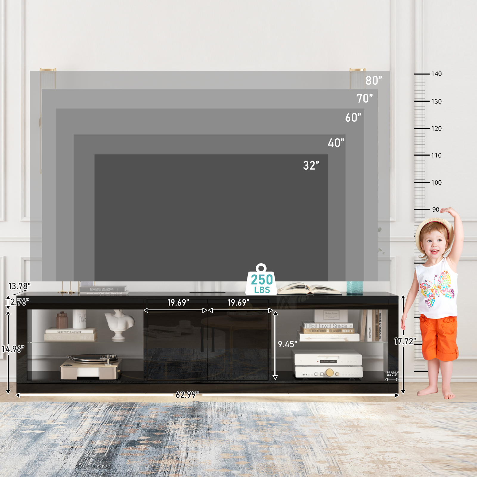 ChVans Large LED TV Stand for 75/85" TV with Power Outlets, Living Room Entertainment Center with Storage Drawers&Cabinets Furniture, Black High Gloss TV Cabinet Console Table-70.9"