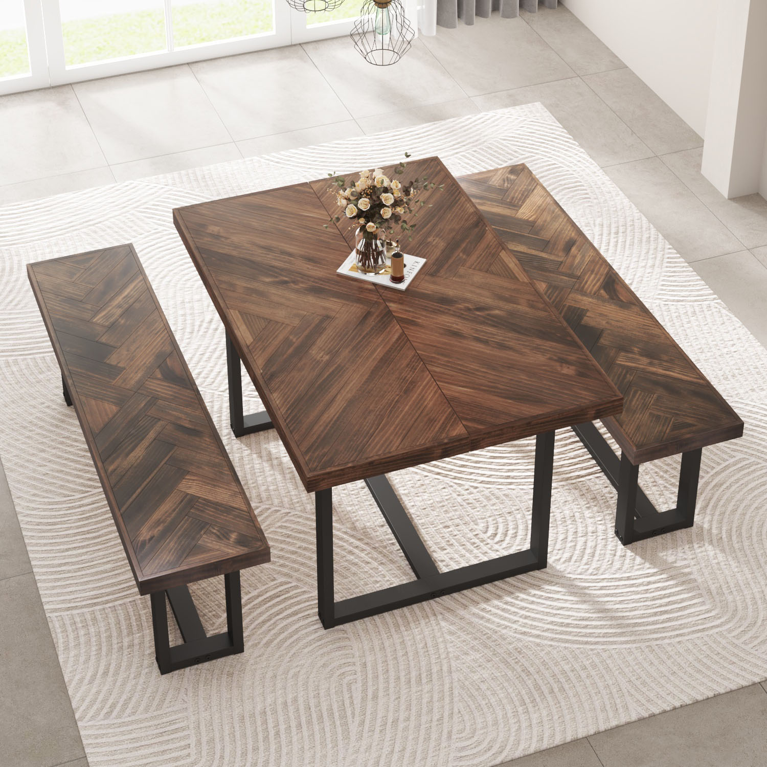ChVans Dining Table for 4-6 Person, Rustic Farmhouse Solid Wood Dining Table with Metal Frame for Kitchen Meal(Brown-72 in Dining Table)