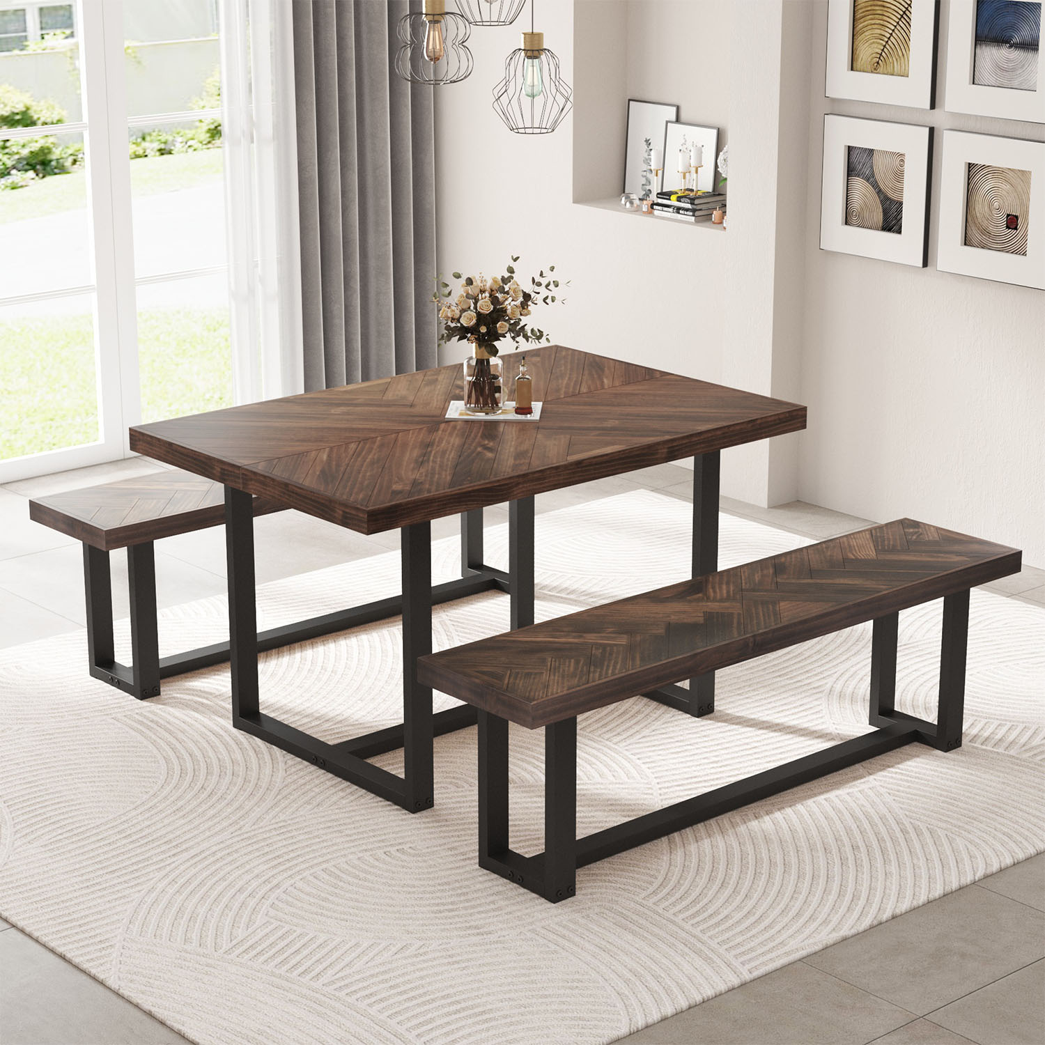 ChVans Dining Table for 4-6 Person, Rustic Farmhouse Solid Wood Dining Table with Metal Frame for Kitchen Meal(Brown-72 in Dining Table)