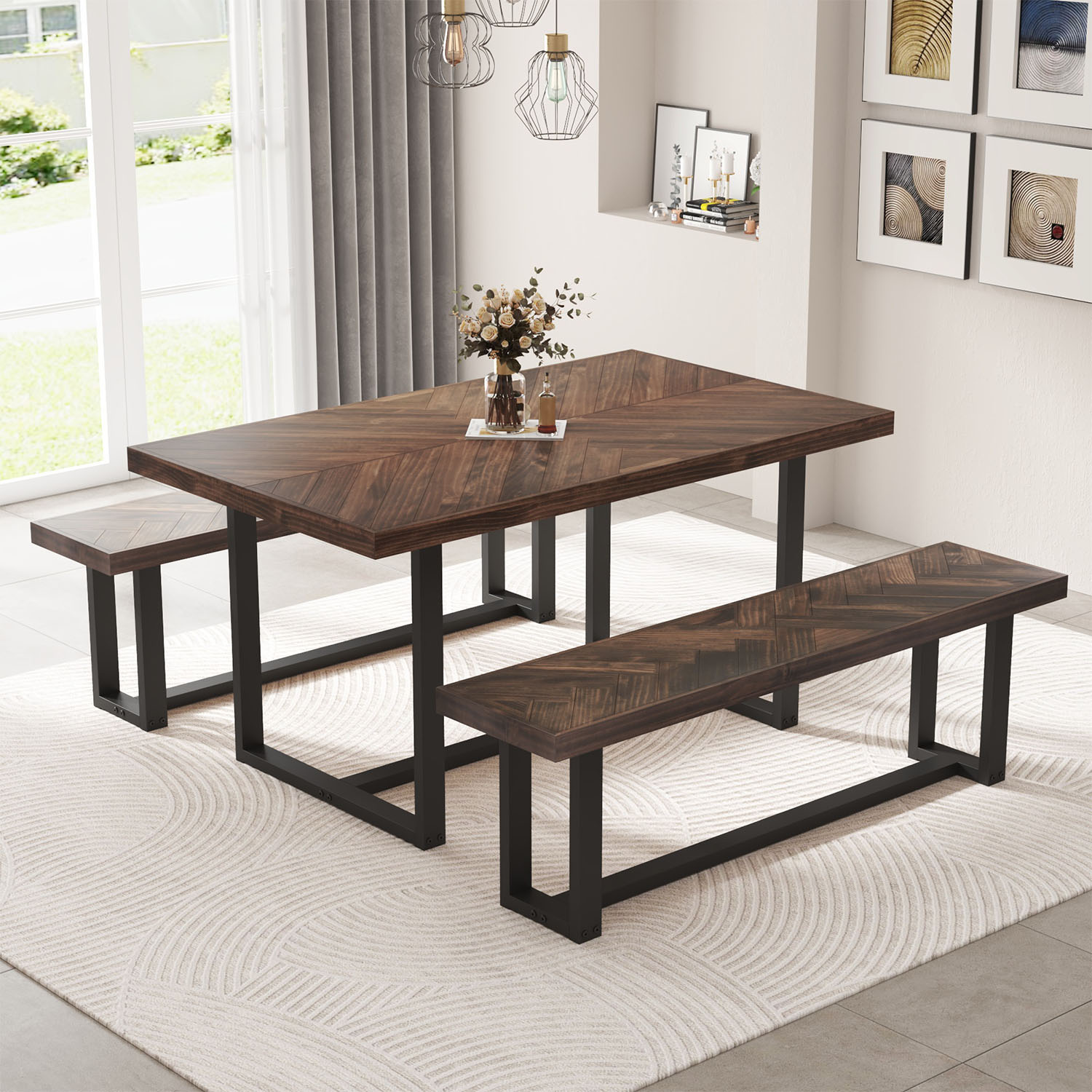 ChVans Dining Table for 4-6 Person, Rustic Farmhouse Solid Wood Dining Table with Metal Frame for Kitchen Meal(Brown-72 in Dining Table)