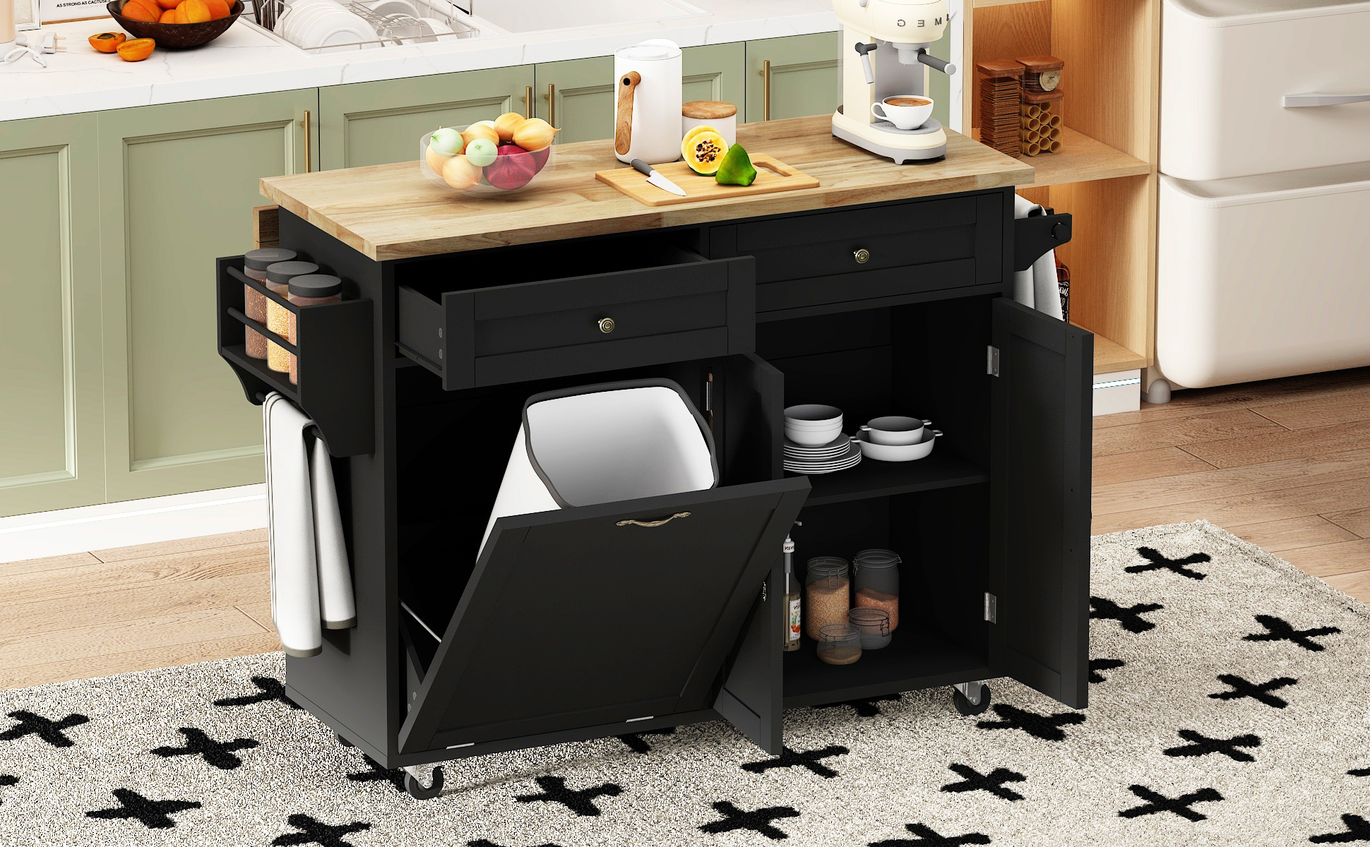 ANPOO Rolling Kitchen Island with Drop Leaf, Tilt Out Kitchen Trash Cabinet 10 Gallon Storage, Kitchen Cart Island with Rubber wood Top, Spice Rack and Drawers