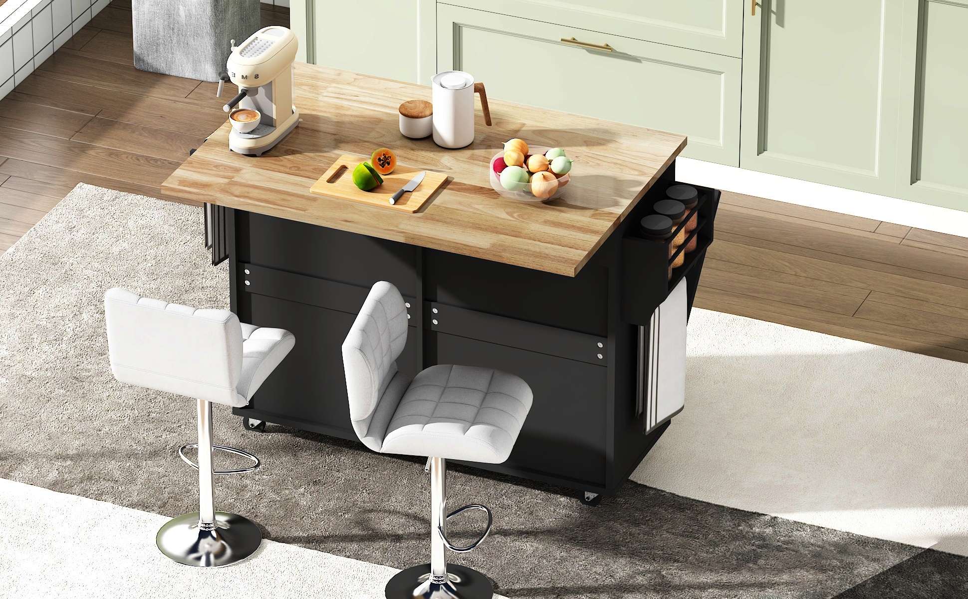 ANPOO Rolling Kitchen Island with Drop Leaf, Tilt Out Kitchen Trash Cabinet 10 Gallon Storage, Kitchen Cart Island with Rubber wood Top, Spice Rack and Drawers