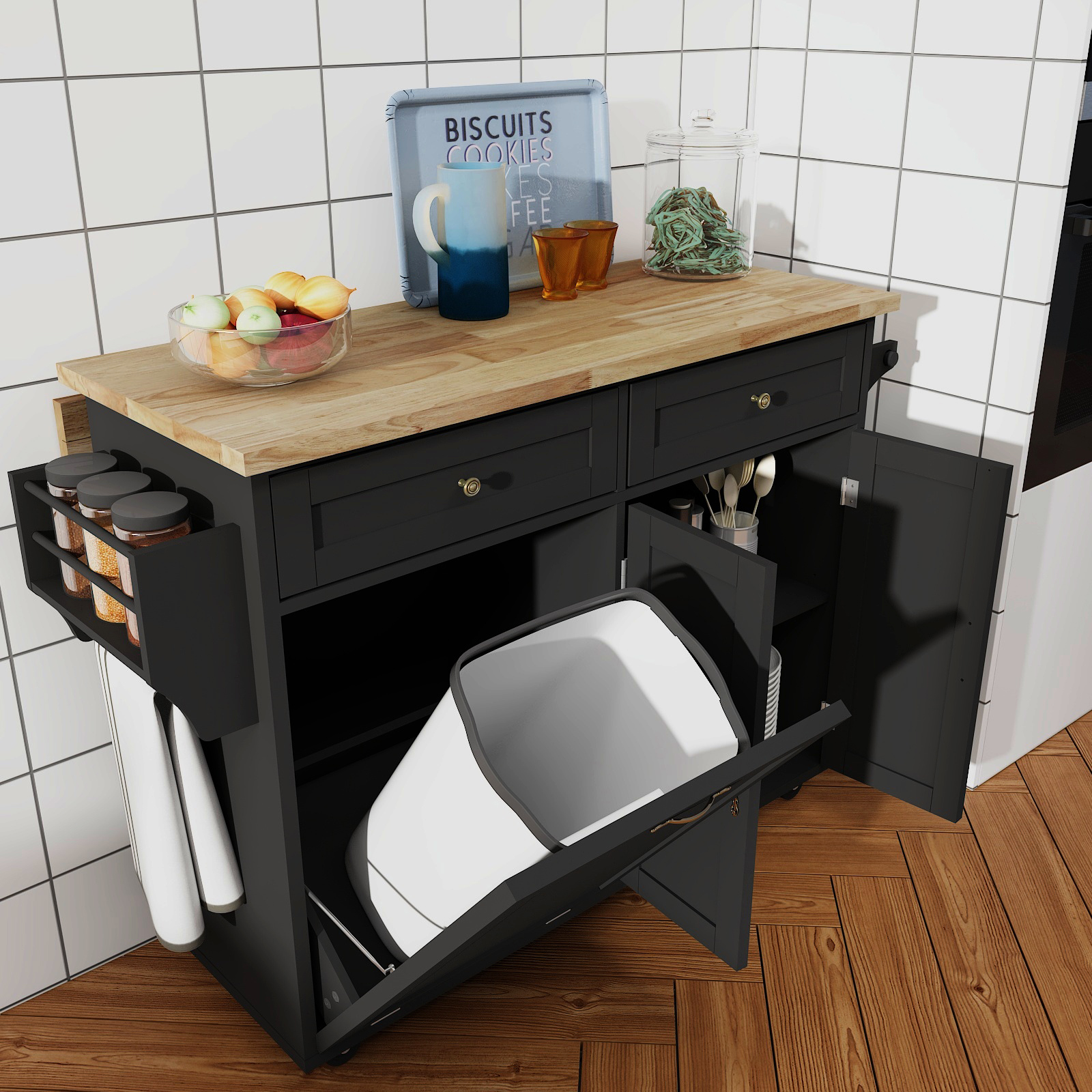 ANPOO Rolling Kitchen Island with Drop Leaf, Tilt Out Kitchen Trash Cabinet 10 Gallon Storage, Kitchen Cart Island with Rubber wood Top, Spice Rack and Drawers