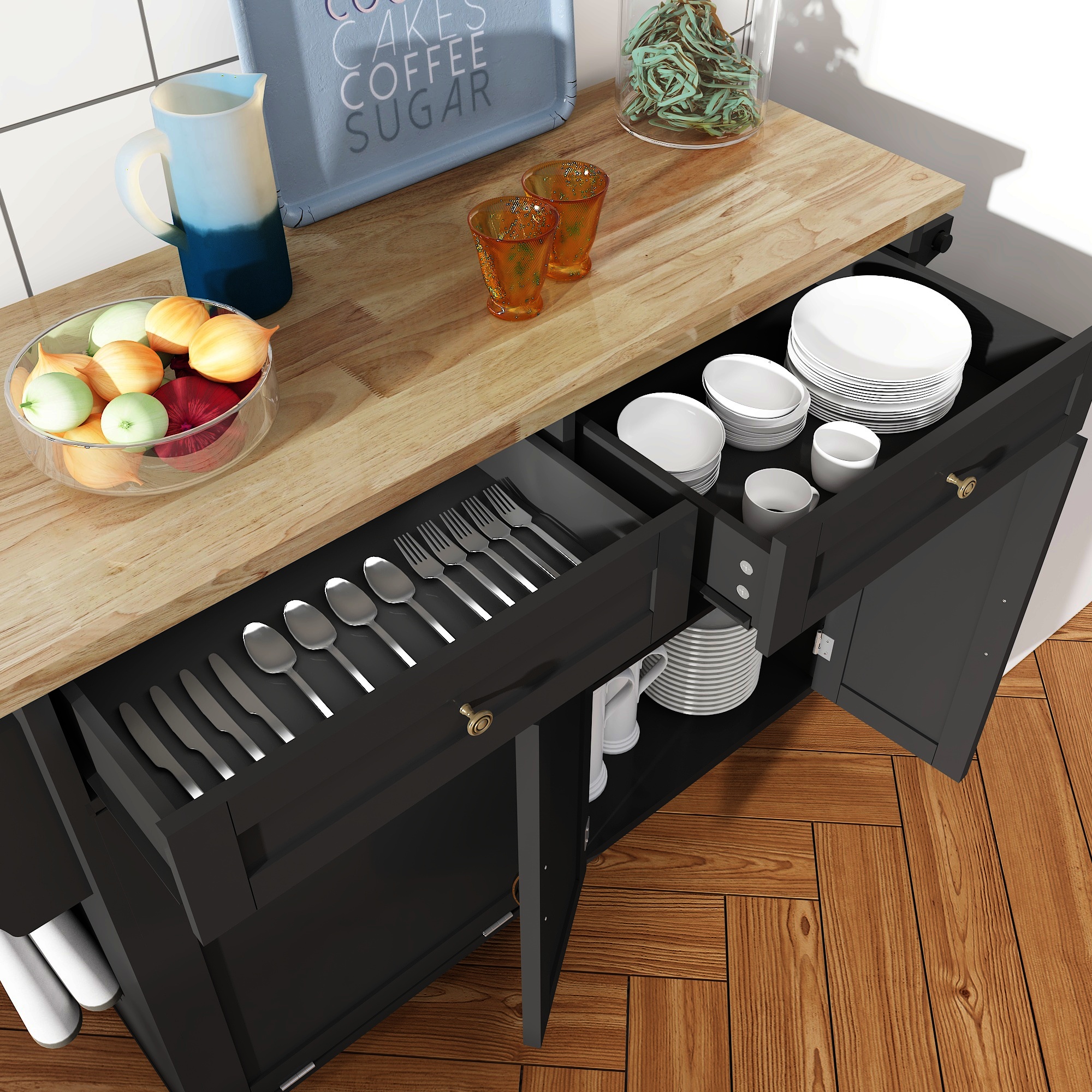 ANPOO Rolling Kitchen Island with Drop Leaf, Tilt Out Kitchen Trash Cabinet 10 Gallon Storage, Kitchen Cart Island with Rubber wood Top, Spice Rack and Drawers