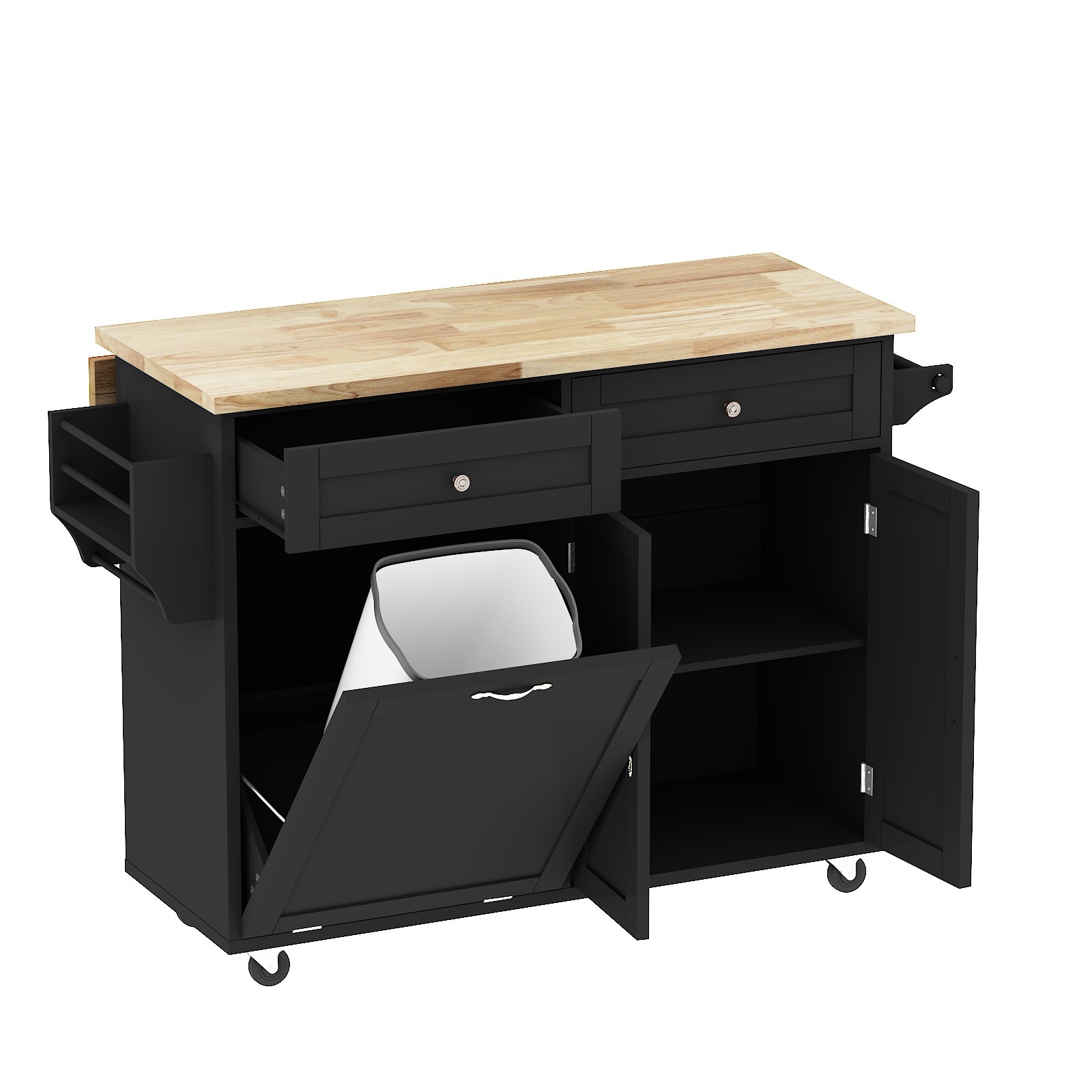 ANPOO Rolling Kitchen Island with Drop Leaf, Tilt Out Kitchen Trash Cabinet 10 Gallon Storage, Kitchen Cart Island with Rubber wood Top, Spice Rack and Drawers