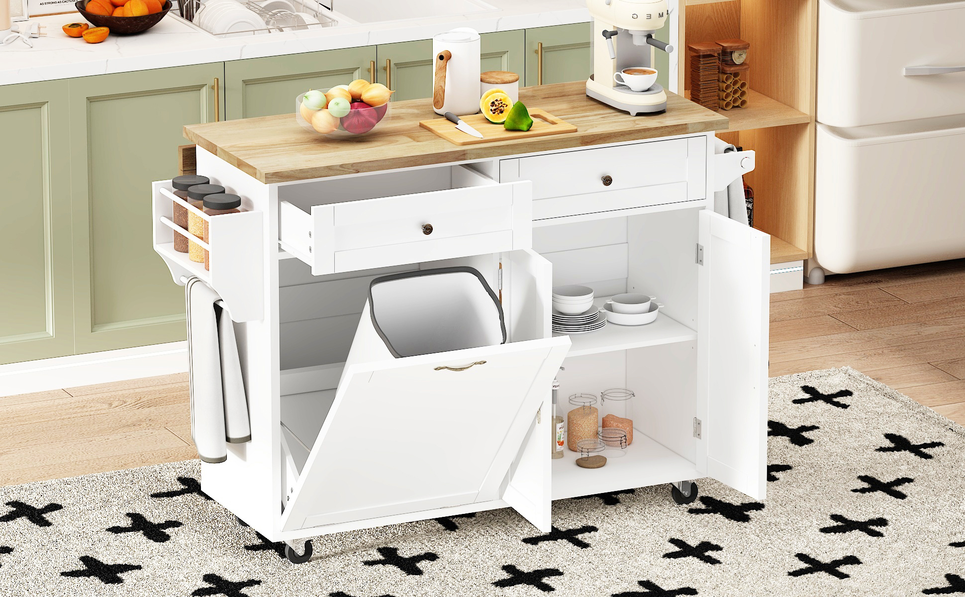 ANPOO Rolling Kitchen Island with Drop Leaf, Tilt Out Kitchen Trash Cabinet 10 Gallon Storage, Kitchen Cart Island with Rubber wood Top, Spice Rack and Drawers