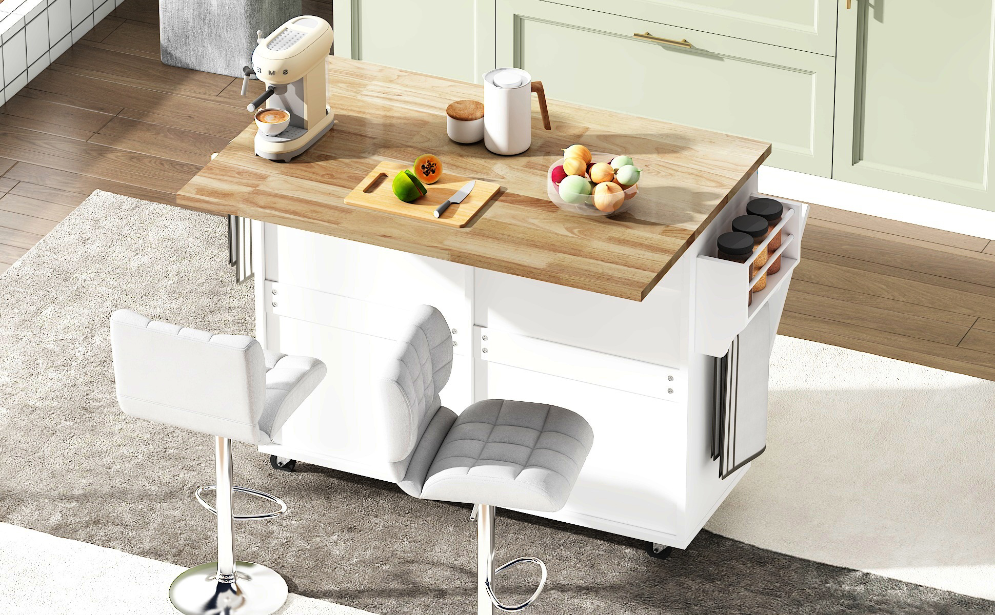 ANPOO Rolling Kitchen Island with Drop Leaf, Tilt Out Kitchen Trash Cabinet 10 Gallon Storage, Kitchen Cart Island with Rubber wood Top, Spice Rack and Drawers