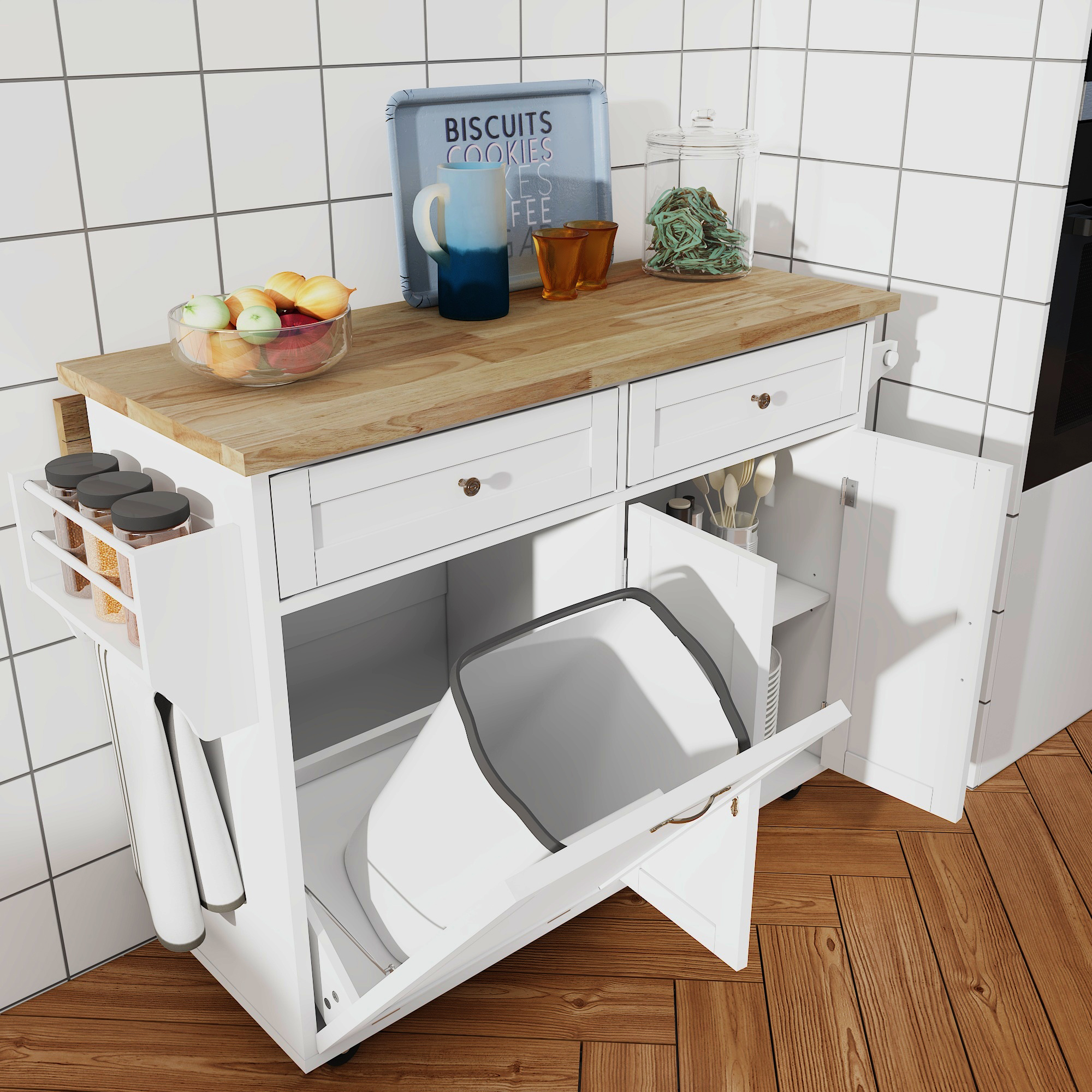 ANPOO Rolling Kitchen Island with Drop Leaf, Tilt Out Kitchen Trash Cabinet 10 Gallon Storage, Kitchen Cart Island with Rubber wood Top, Spice Rack and Drawers