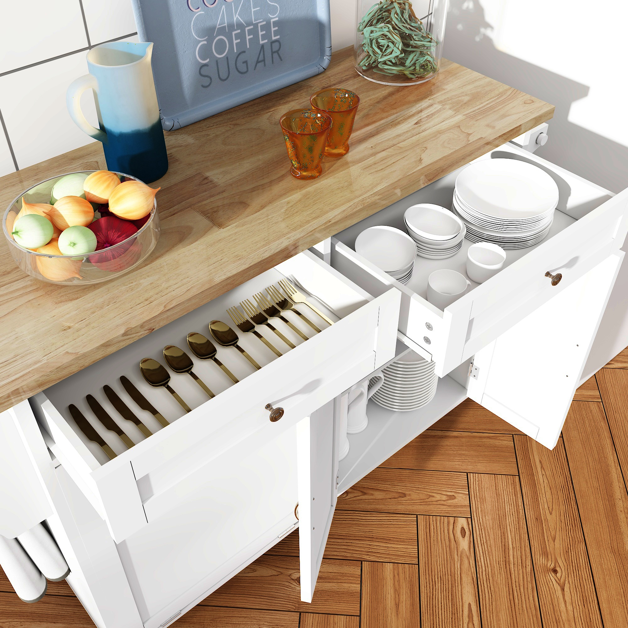 ANPOO Rolling Kitchen Island with Drop Leaf, Tilt Out Kitchen Trash Cabinet 10 Gallon Storage, Kitchen Cart Island with Rubber wood Top, Spice Rack and Drawers