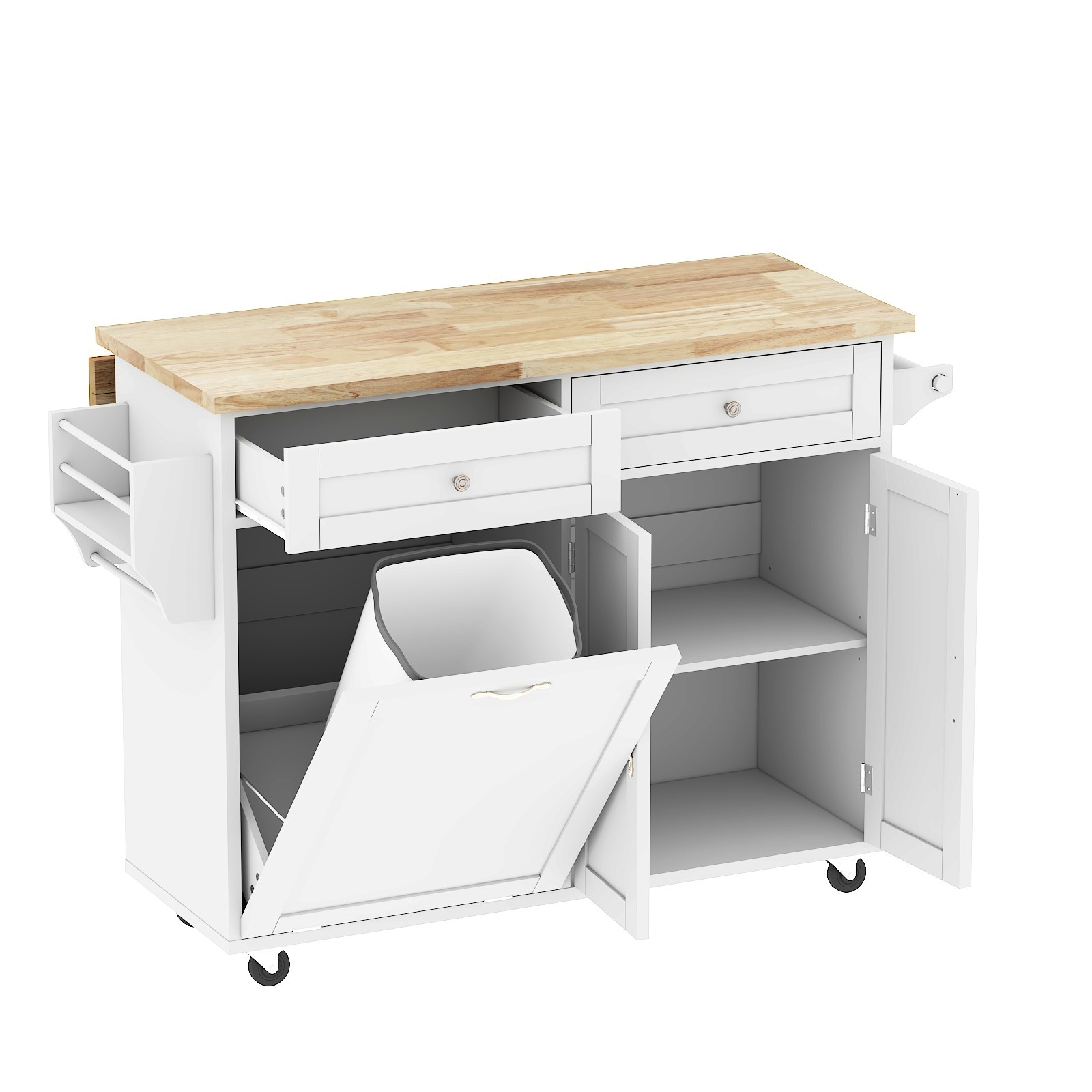 ANPOO Rolling Kitchen Island with Drop Leaf, Tilt Out Kitchen Trash Cabinet 10 Gallon Storage, Kitchen Cart Island with Rubber wood Top, Spice Rack and Drawers